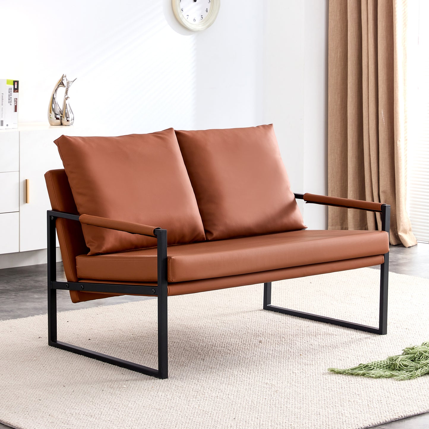2 Seater Modern Designed PU Leather Sofa Set with Black Metal Frame- Brown_3