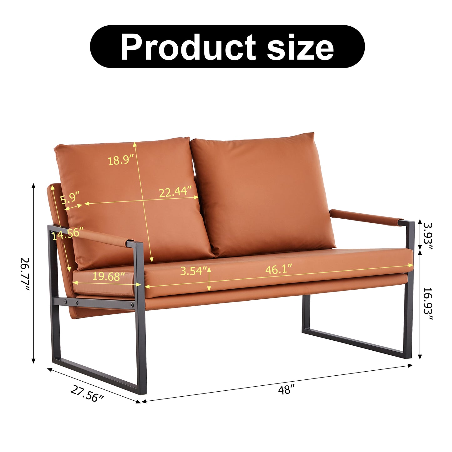 2 Seater Modern Designed PU Leather Sofa Set with Black Metal Frame- Brown_7