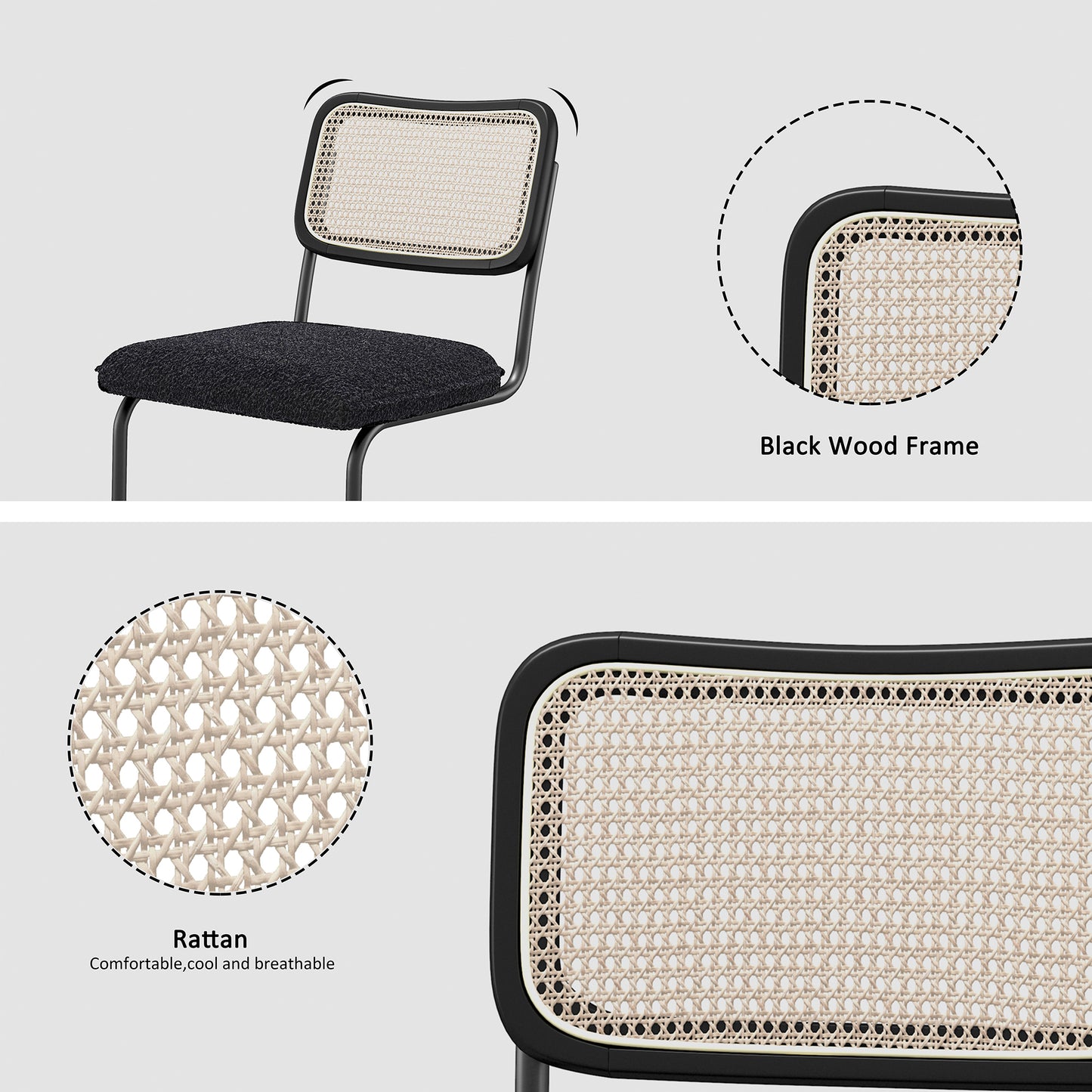 Set of 2 Teddy Velvet Dining Chair with High-Density Sponge Rattan Chair- Black_20