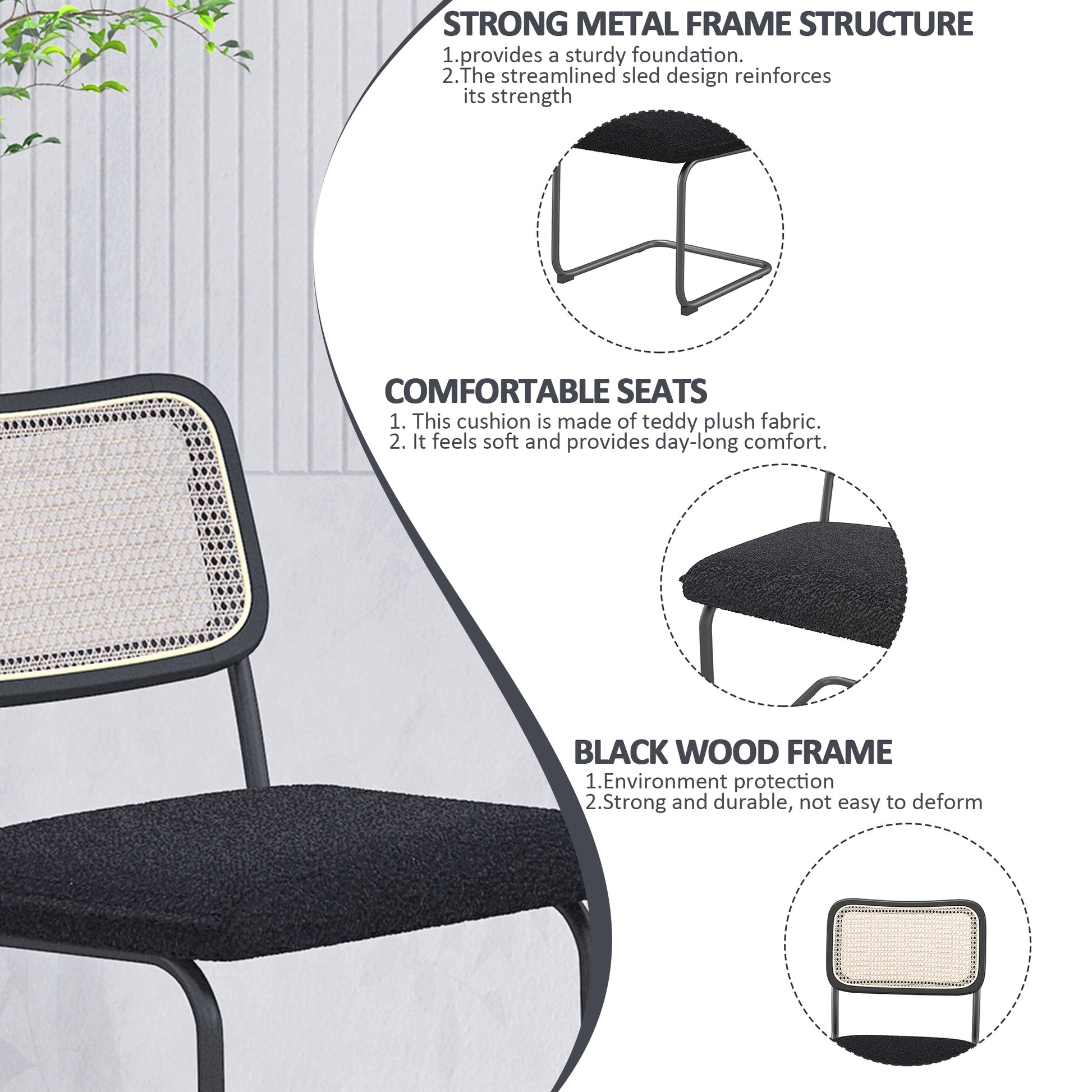 Set of 2 Teddy Velvet Dining Chair with High-Density Sponge Rattan Chair- Black_19