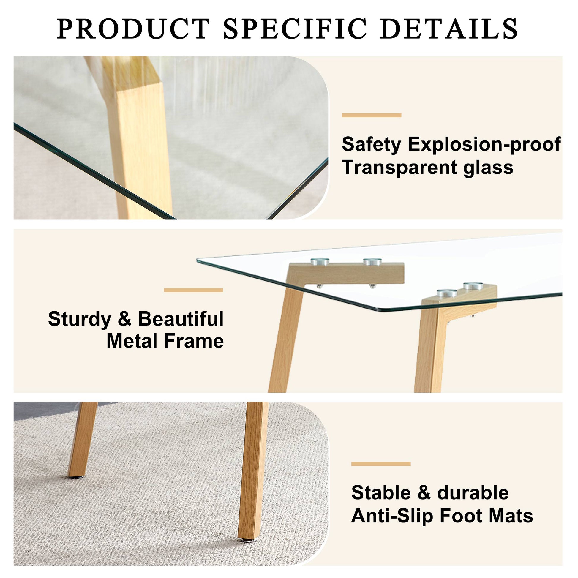 4-6 Seater Minimalist Rectangular Tempered Glass Dining Table with Brown Metal Legs_19