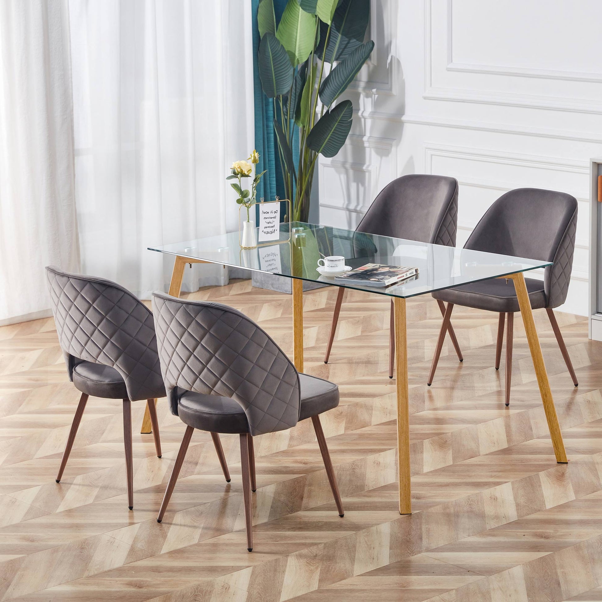 4-6 Seater Minimalist Rectangular Tempered Glass Dining Table with Brown Metal Legs_4