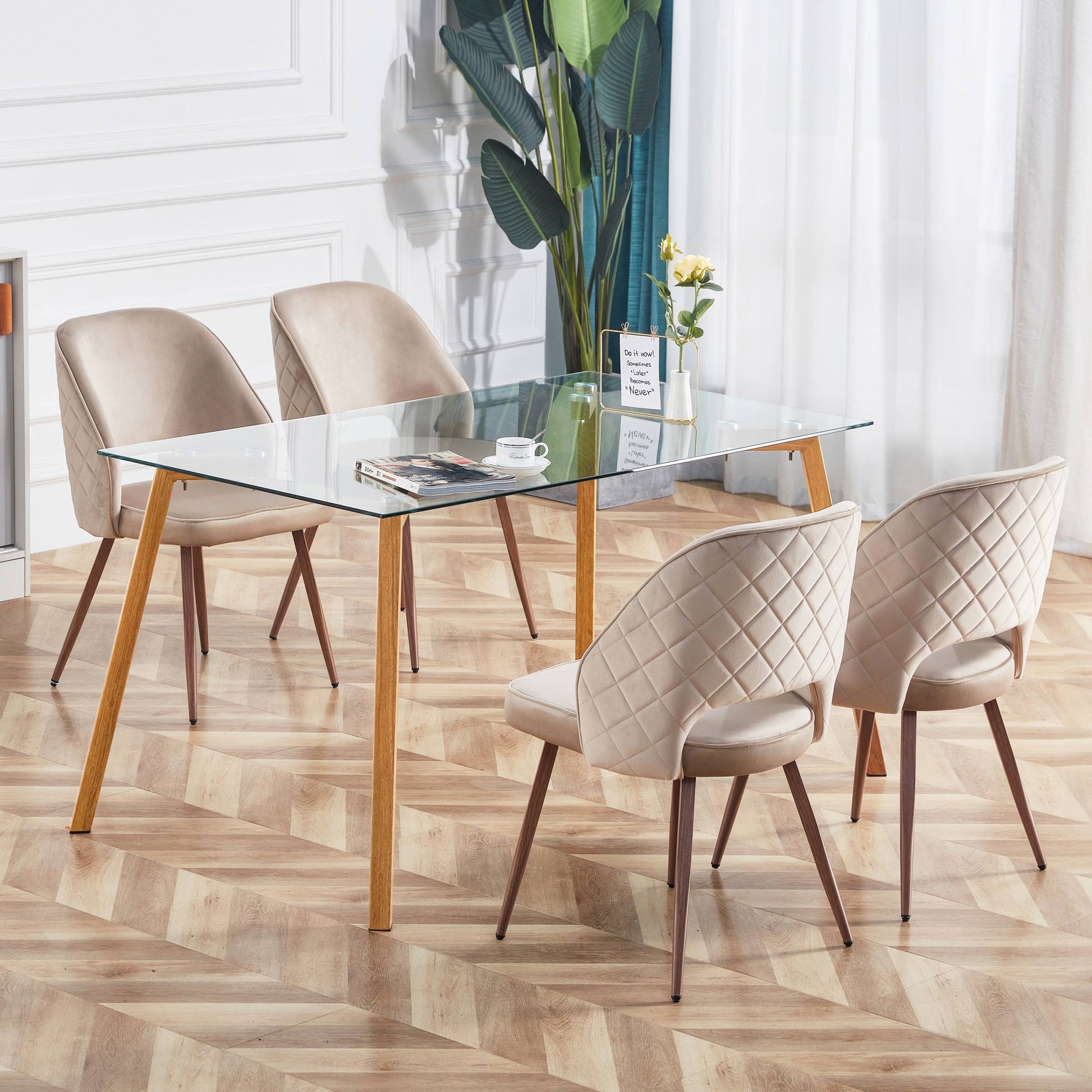 4-6 Seater Minimalist Rectangular Tempered Glass Dining Table with Brown Metal Legs_6