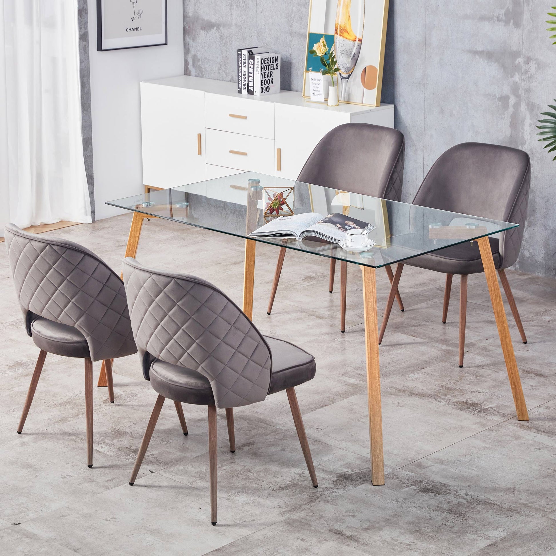 4-6 Seater Minimalist Rectangular Tempered Glass Dining Table with Brown Metal Legs_5