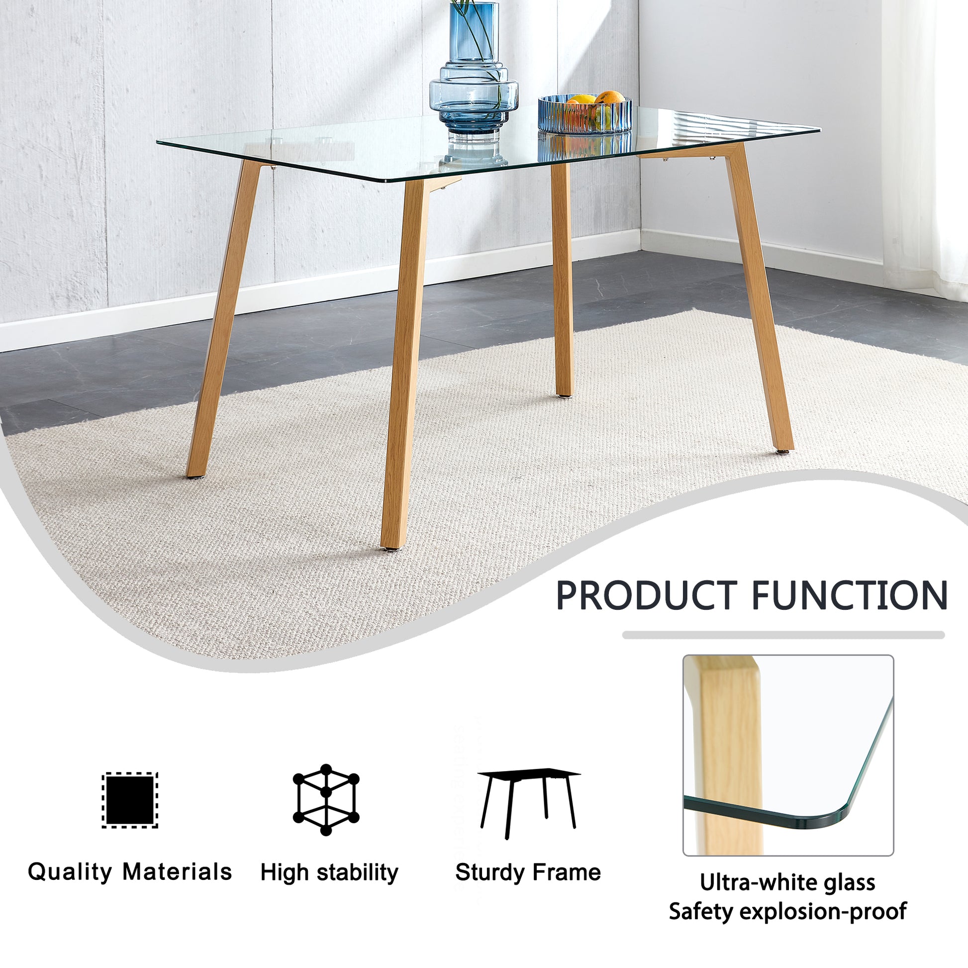 4-6 Seater Minimalist Rectangular Tempered Glass Dining Table with Brown Metal Legs_15
