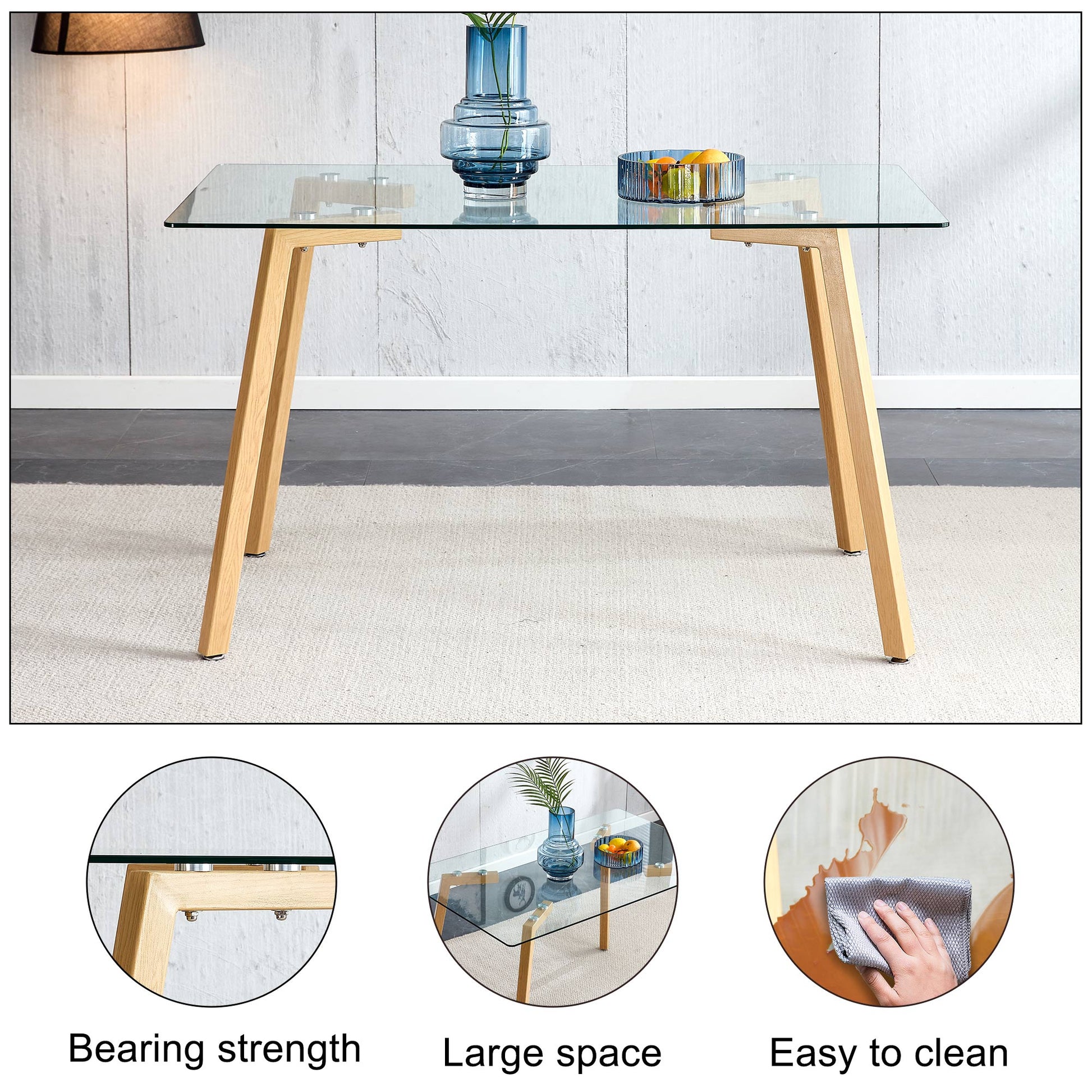 4-6 Seater Minimalist Rectangular Tempered Glass Dining Table with Brown Metal Legs_16