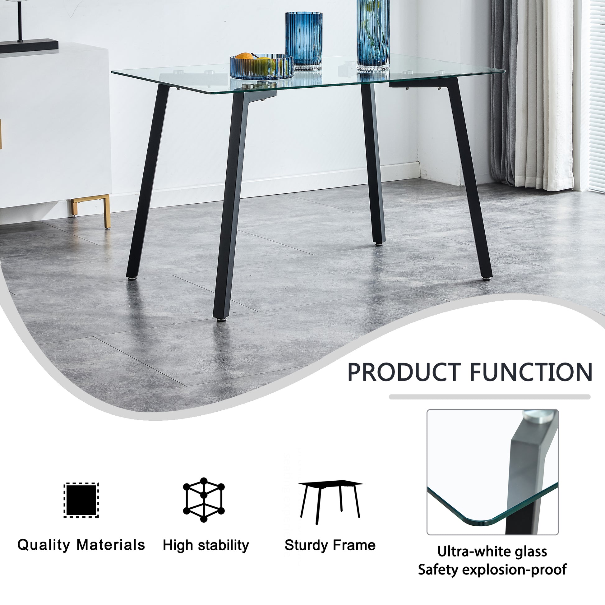 Modern Minimalist Rectangular Tempered Glass Dining Table with Black Metal Legs_15