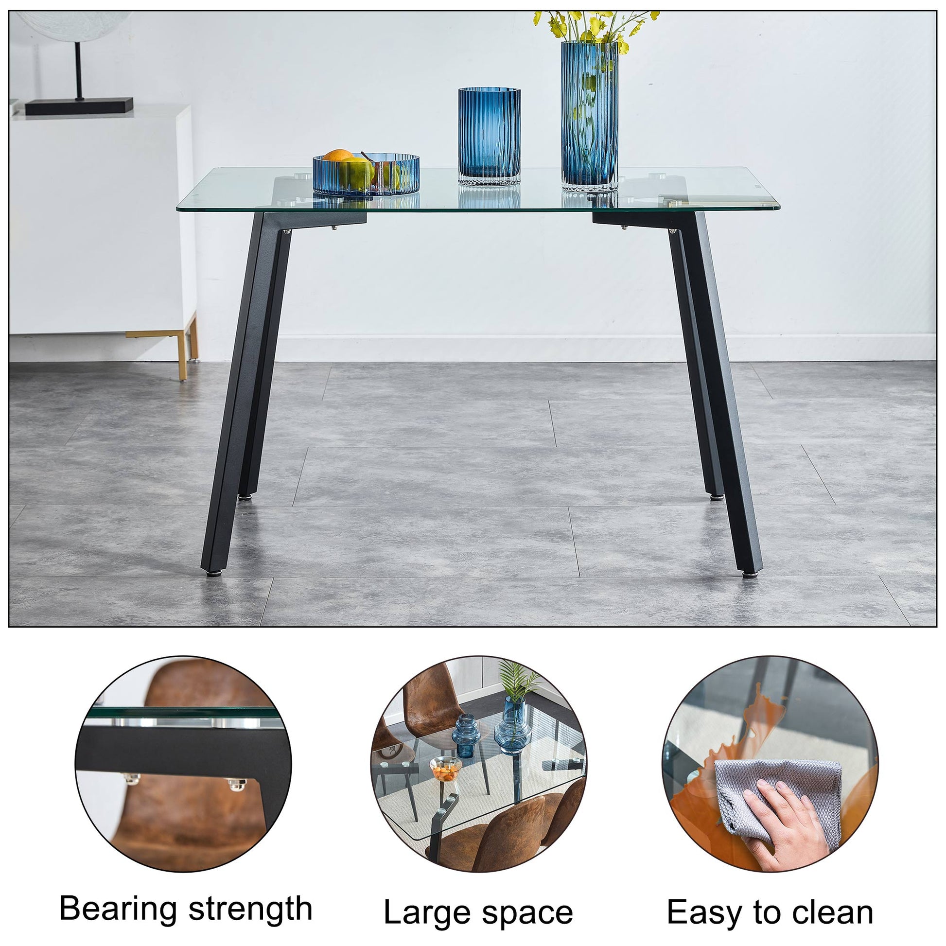Modern Minimalist Rectangular Tempered Glass Dining Table with Black Metal Legs_17