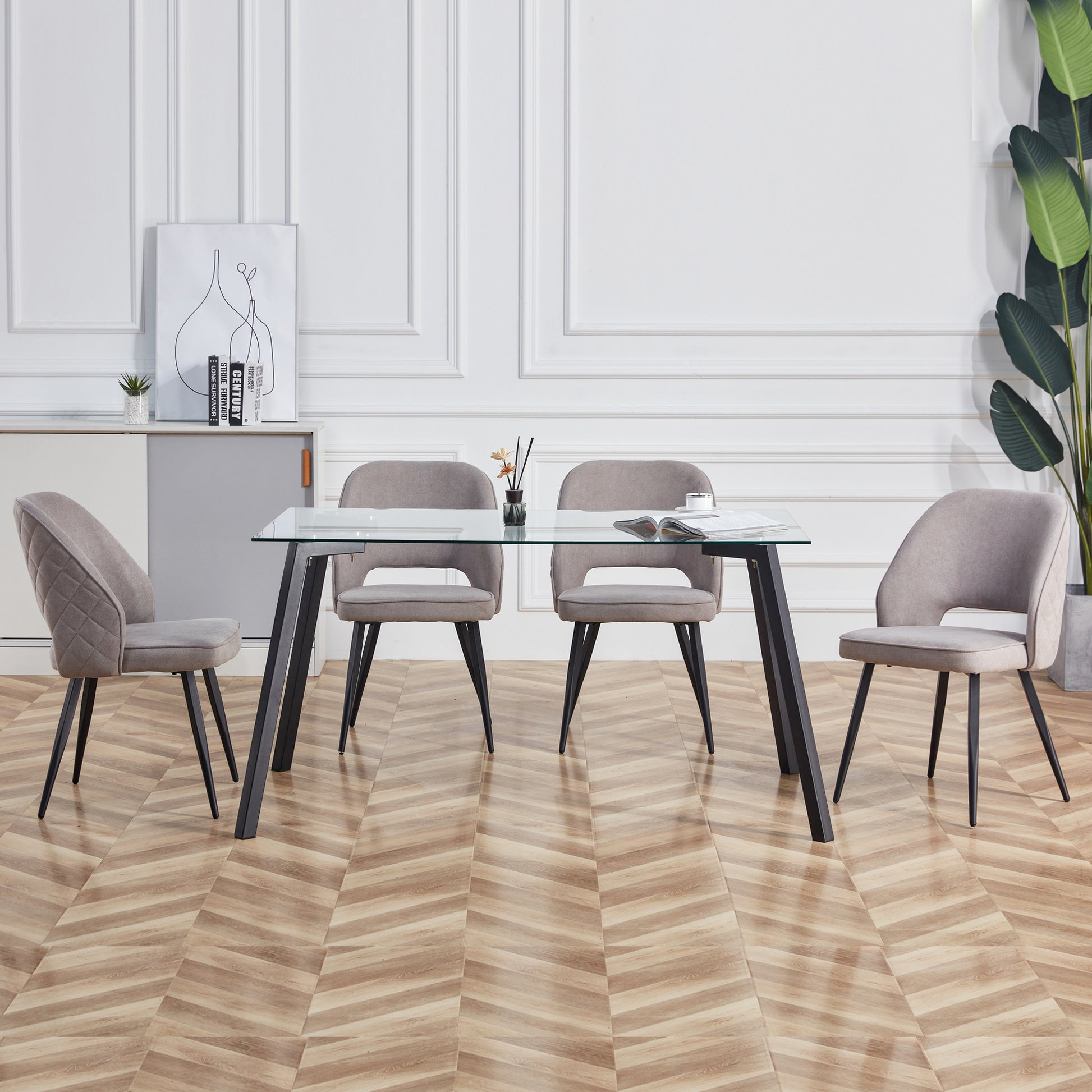 Modern Minimalist Rectangular Tempered Glass Dining Table with Black Metal Legs_6