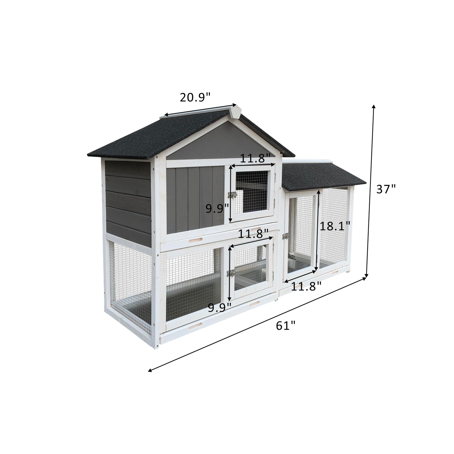 Wooden Outdoor Hutch with Running Cage and Removable Ramp Tray- Gray_4