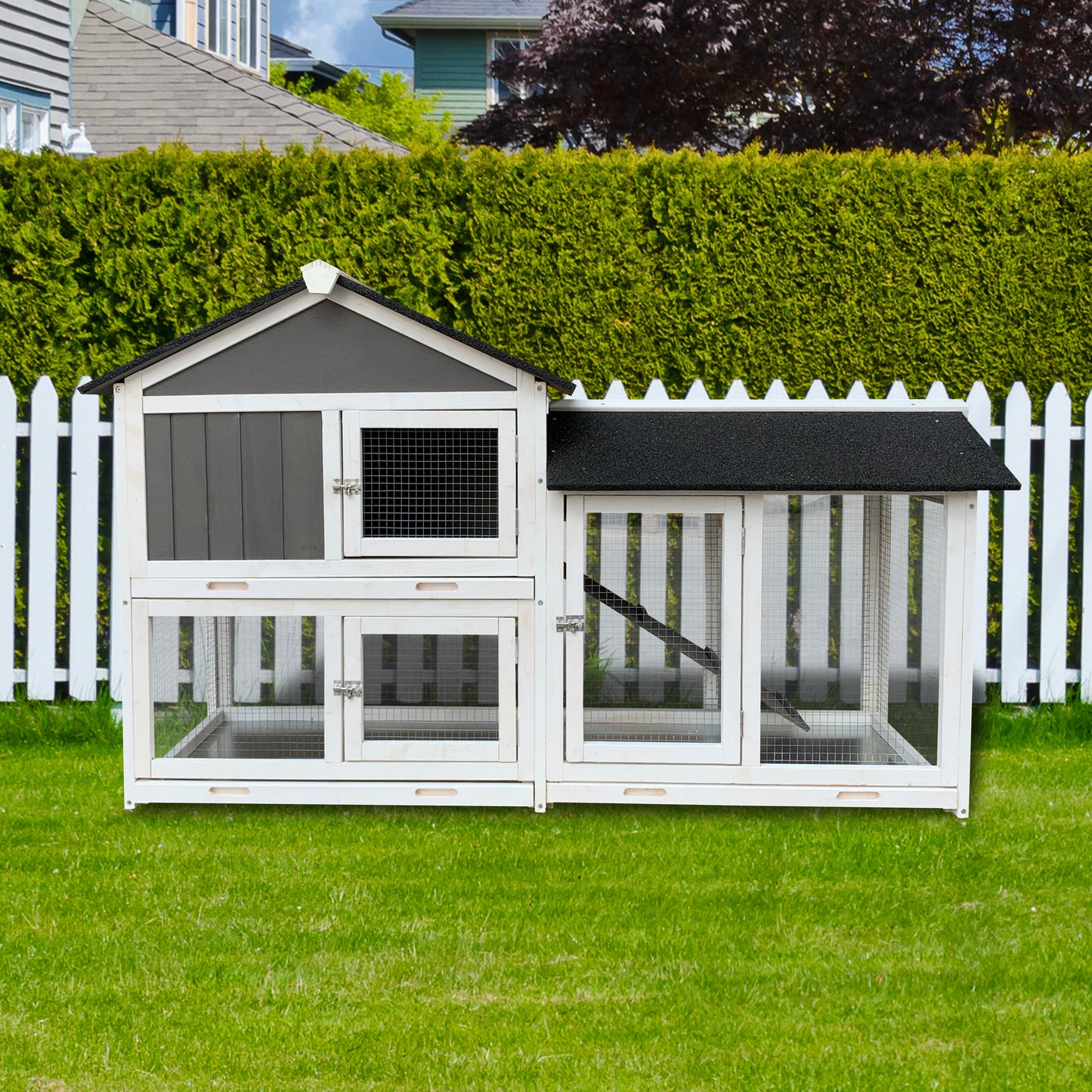 Wooden Outdoor Hutch with Running Cage and Removable Ramp Tray- Gray_2