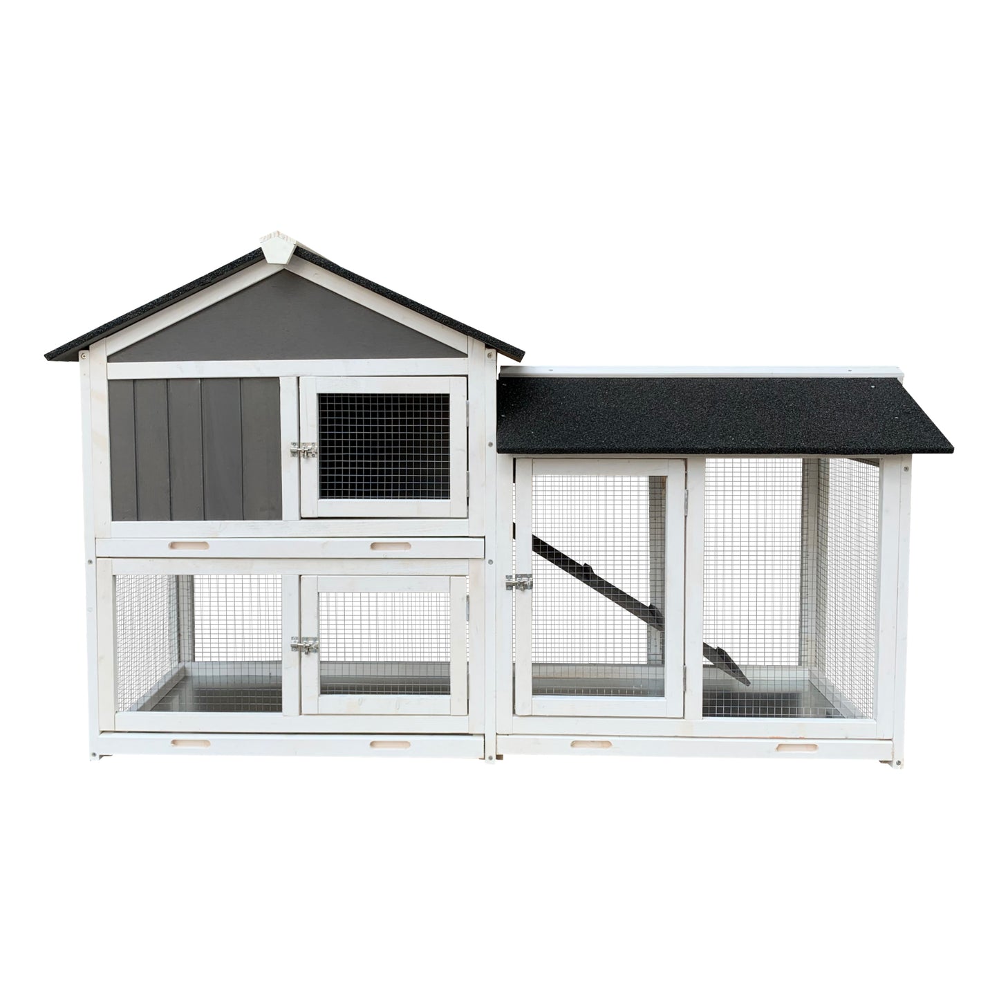 Wooden Outdoor Hutch with Running Cage and Removable Ramp Tray- Gray_3