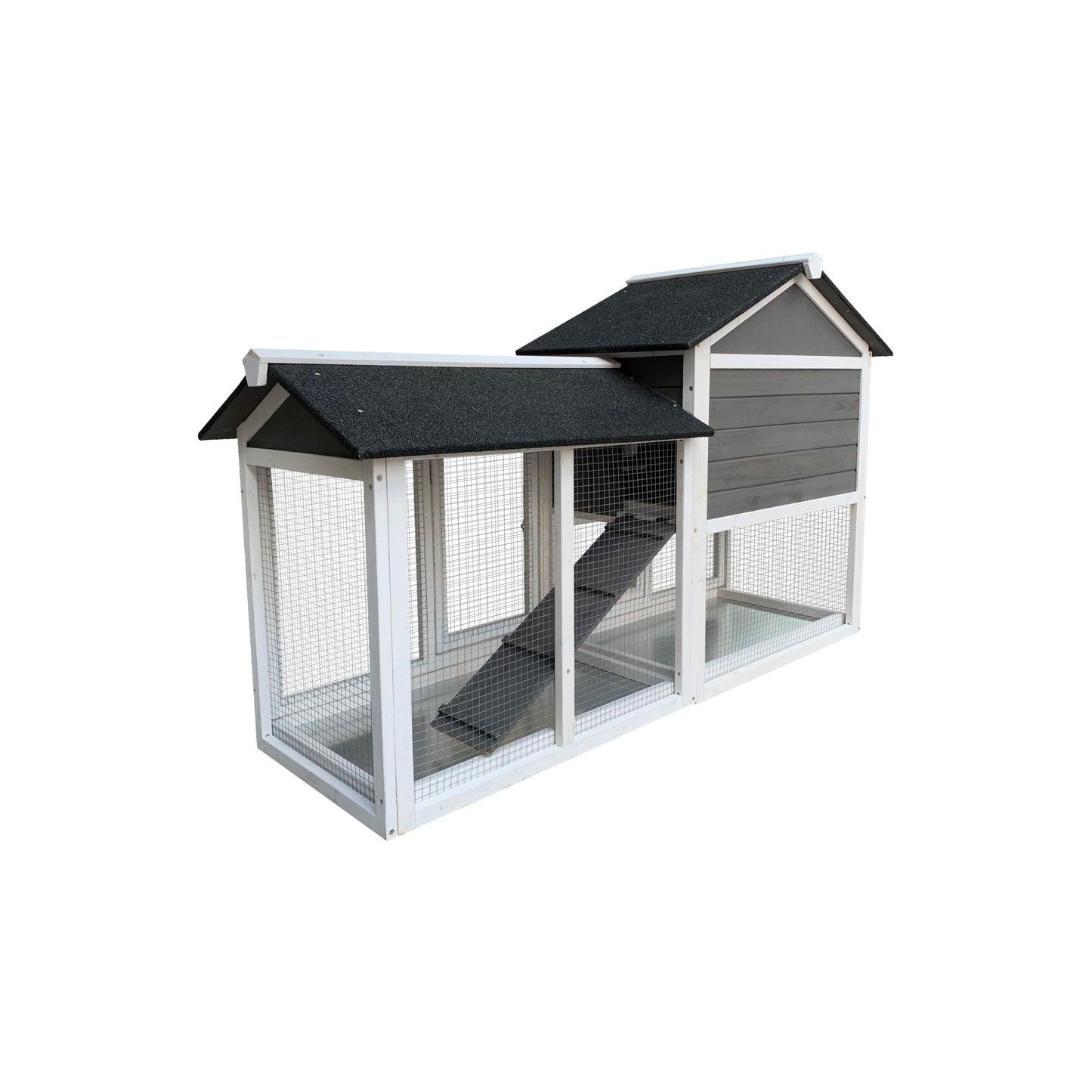 Wooden Outdoor Hutch with Running Cage and Removable Ramp Tray- Gray_6