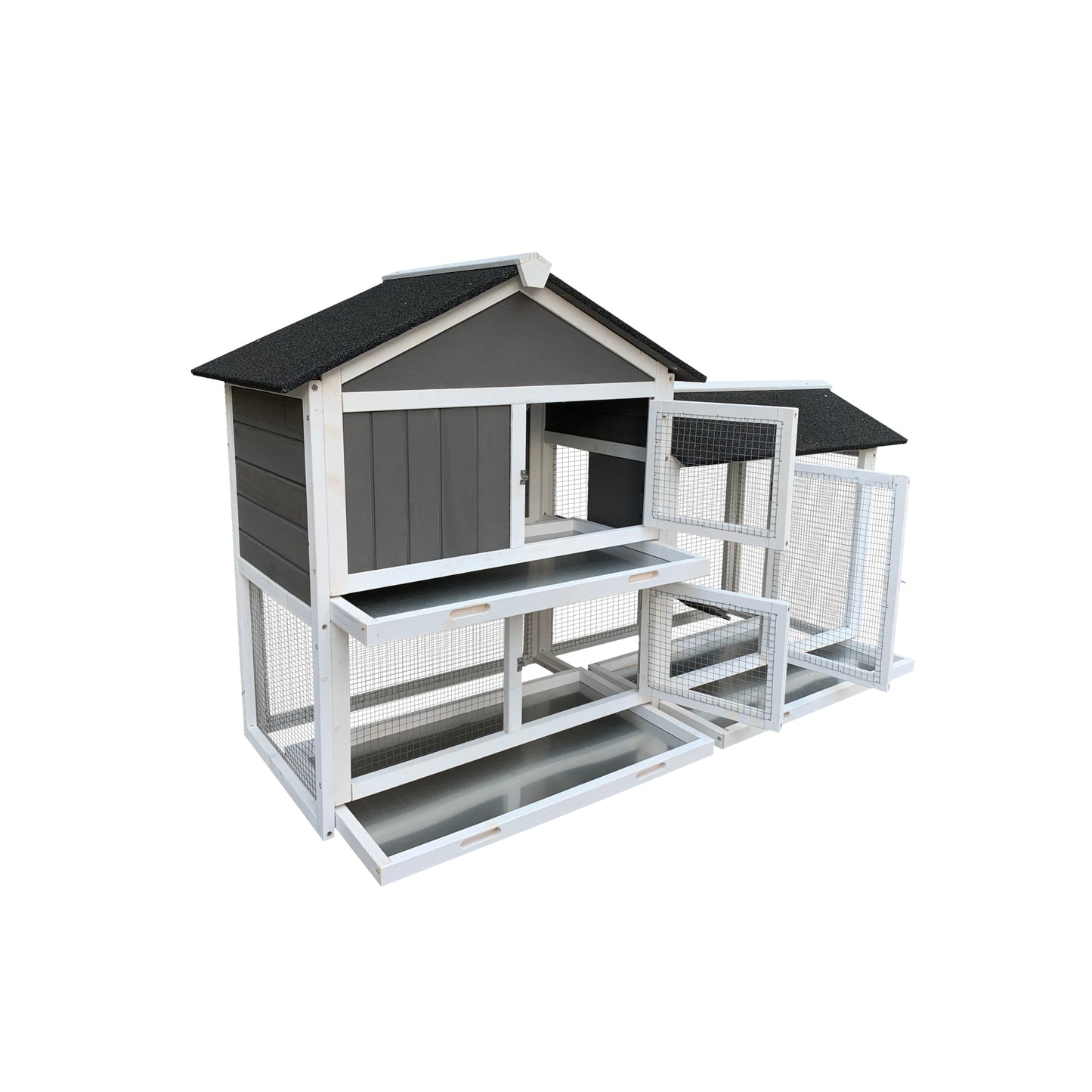 Wooden Outdoor Hutch with Running Cage and Removable Ramp Tray- Gray_8