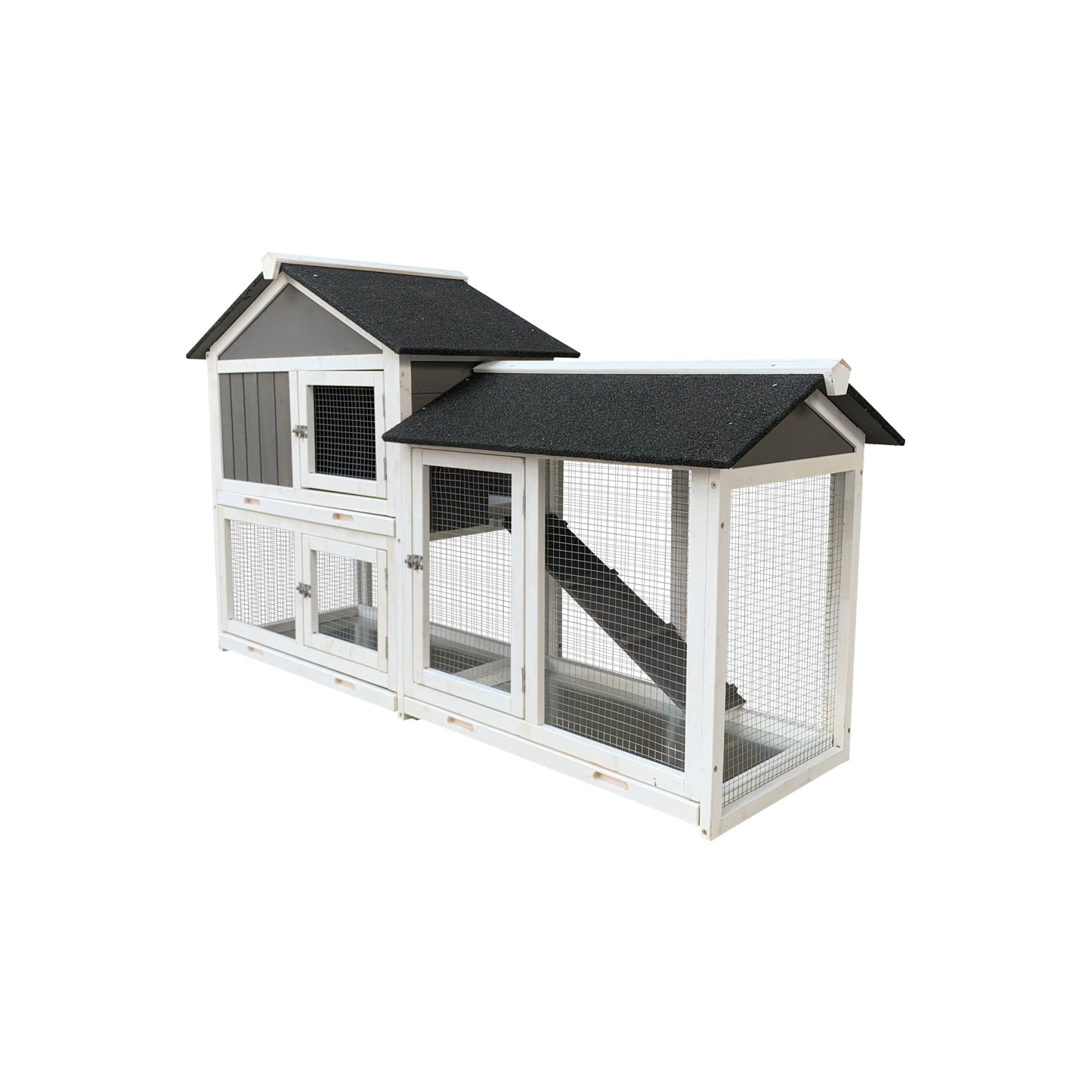 Wooden Outdoor Hutch with Running Cage and Removable Ramp Tray- Gray_5