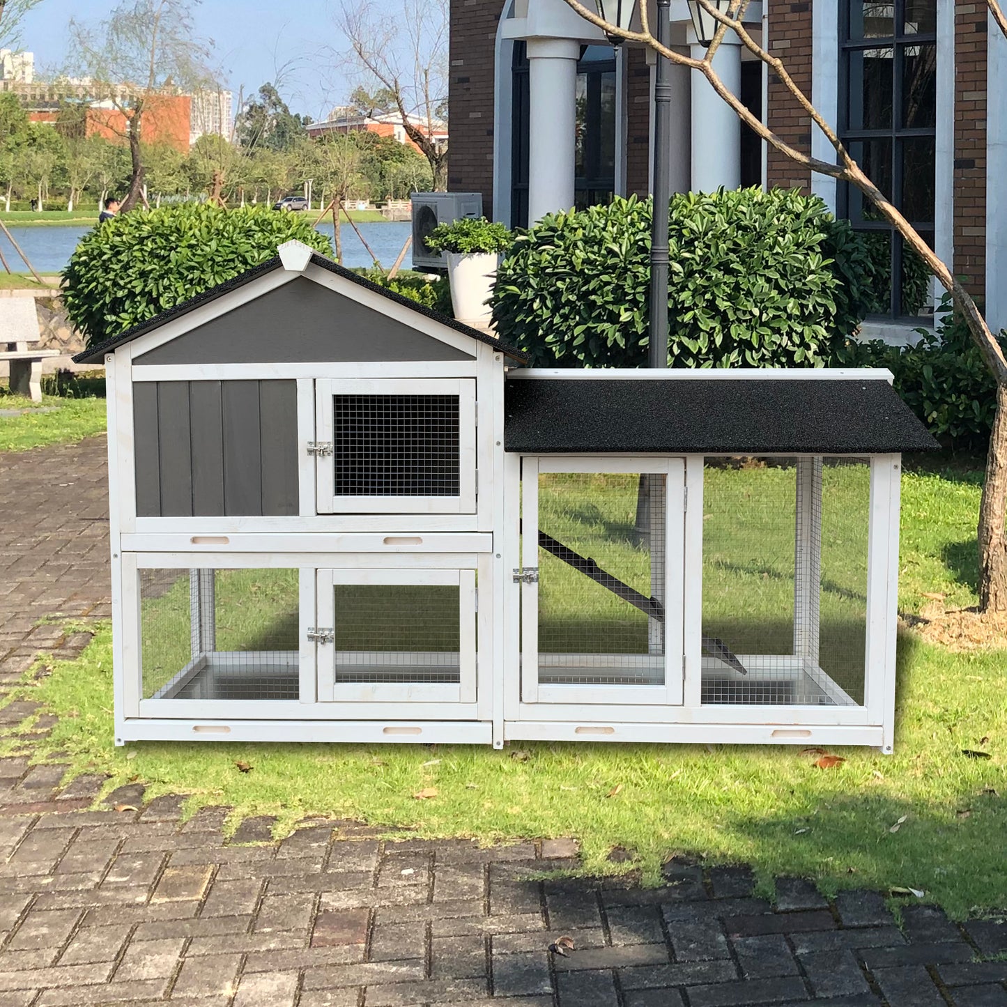 Wooden Outdoor Hutch with Running Cage and Removable Ramp Tray- Gray_1