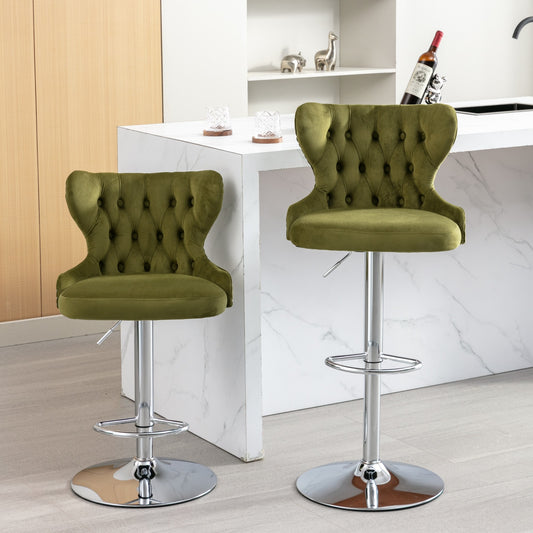 Set of 2 Modern Upholstered Tufted Velvet Armless Bar Stools with Chrome Details- Olive Green_0