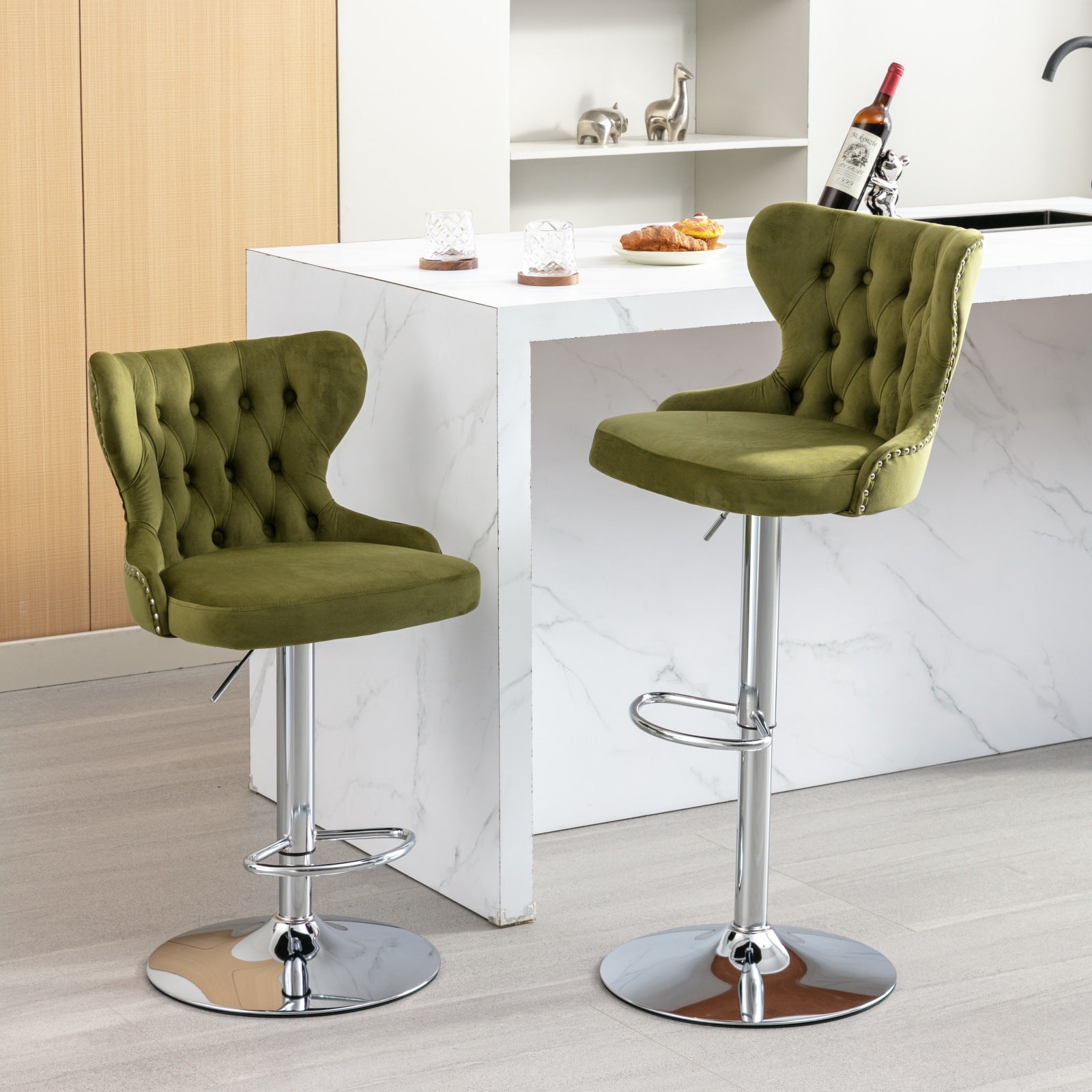 Set of 2 Modern Upholstered Tufted Velvet Armless Bar Stools with Chrome Details- Olive Green_15