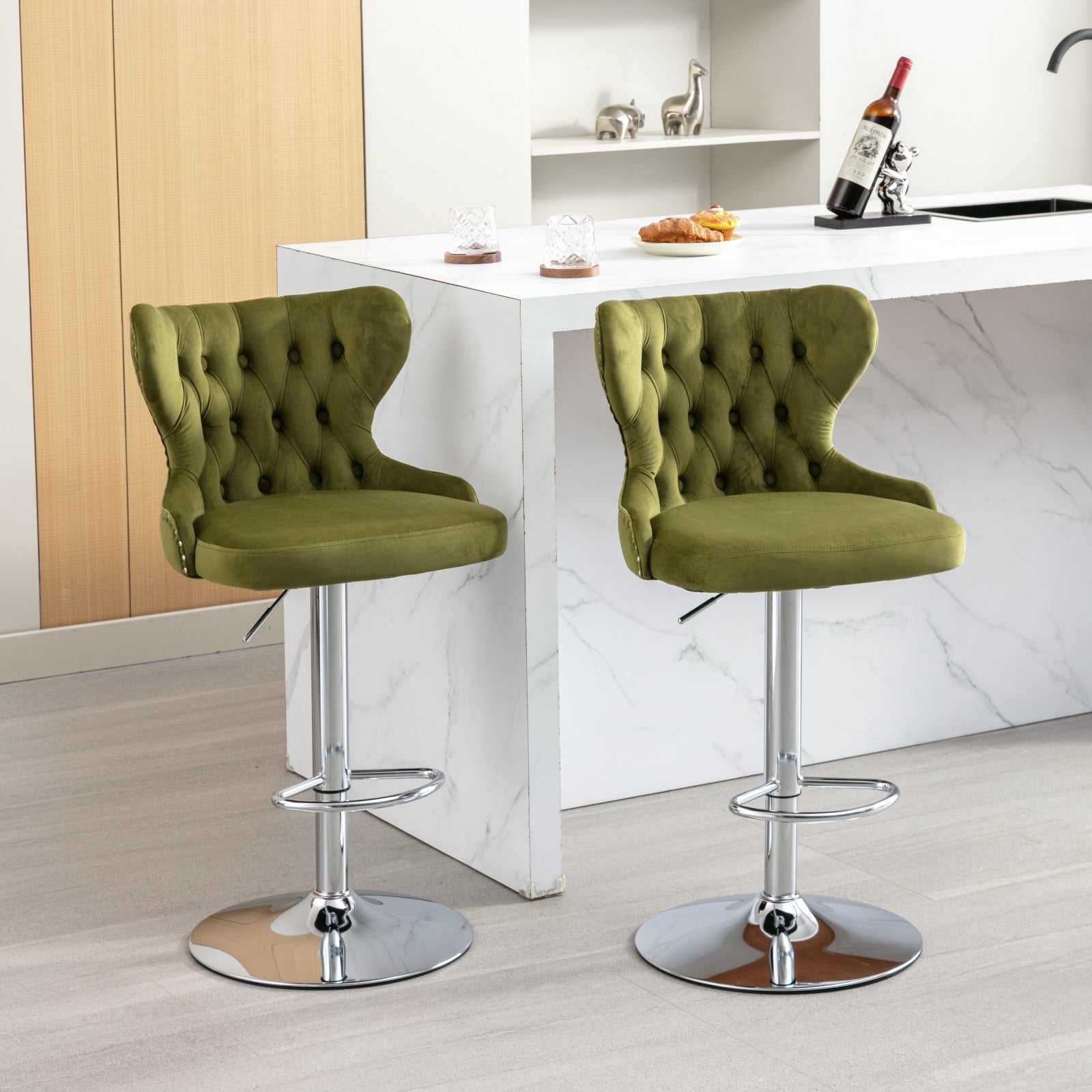 Set of 2 Modern Upholstered Tufted Velvet Armless Bar Stools with Chrome Details- Olive Green_16