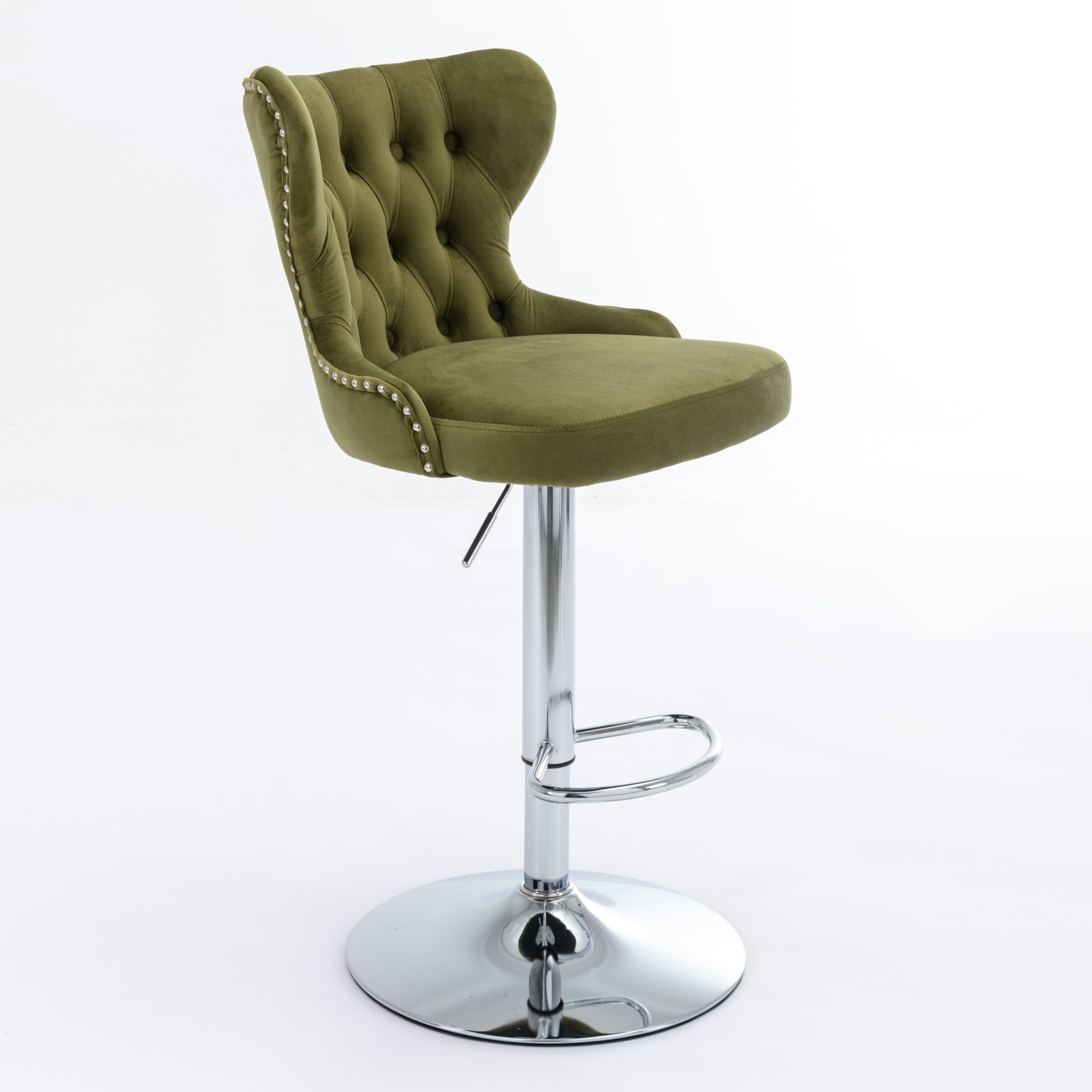 Set of 2 Modern Upholstered Tufted Velvet Armless Bar Stools with Chrome Details- Olive Green_3