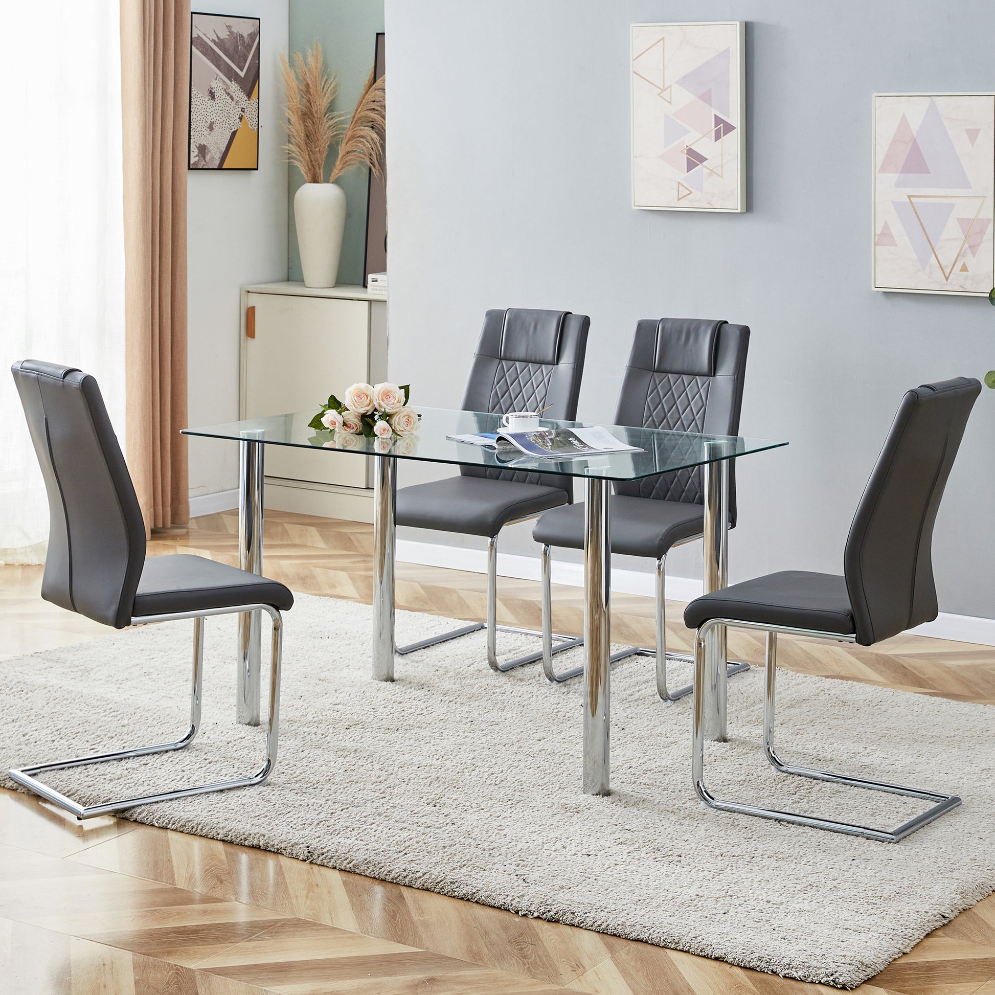 Modern Minimalist Rectangular Tempered Glass Desktop with Silver Metal Legs_11