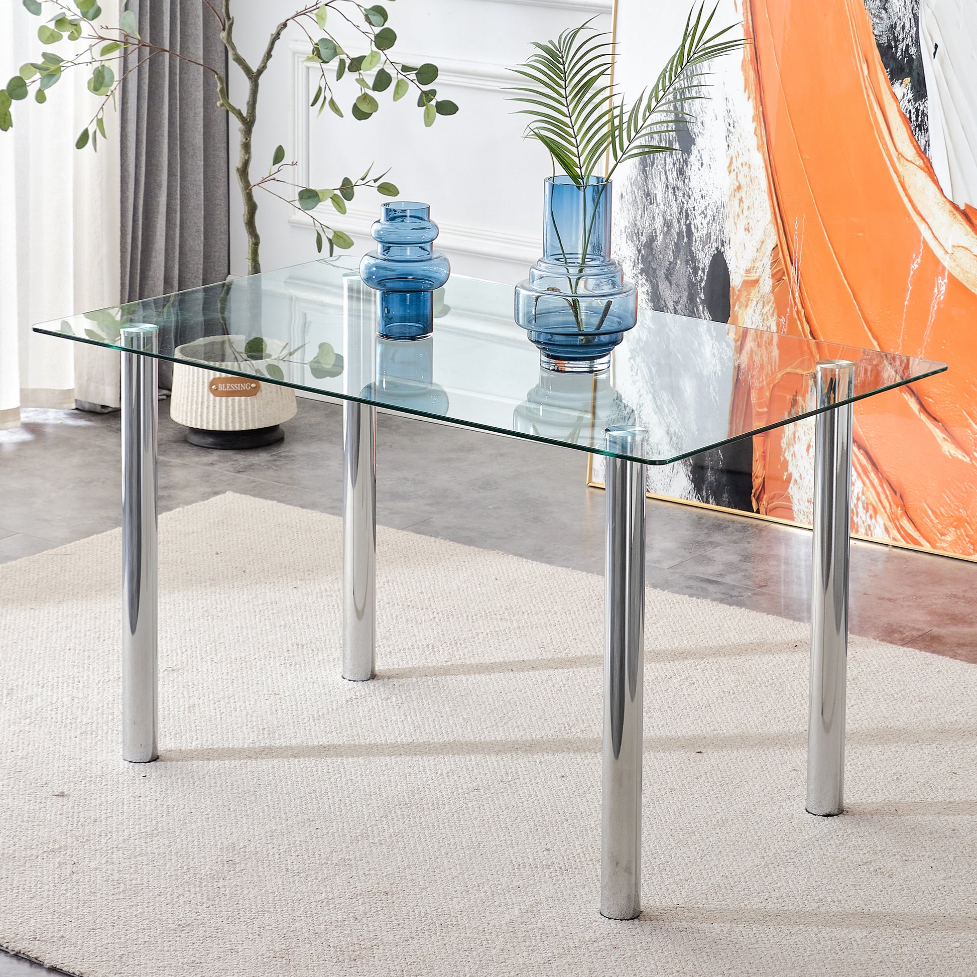 Modern Minimalist Rectangular Tempered Glass Desktop with Silver Metal Legs_2