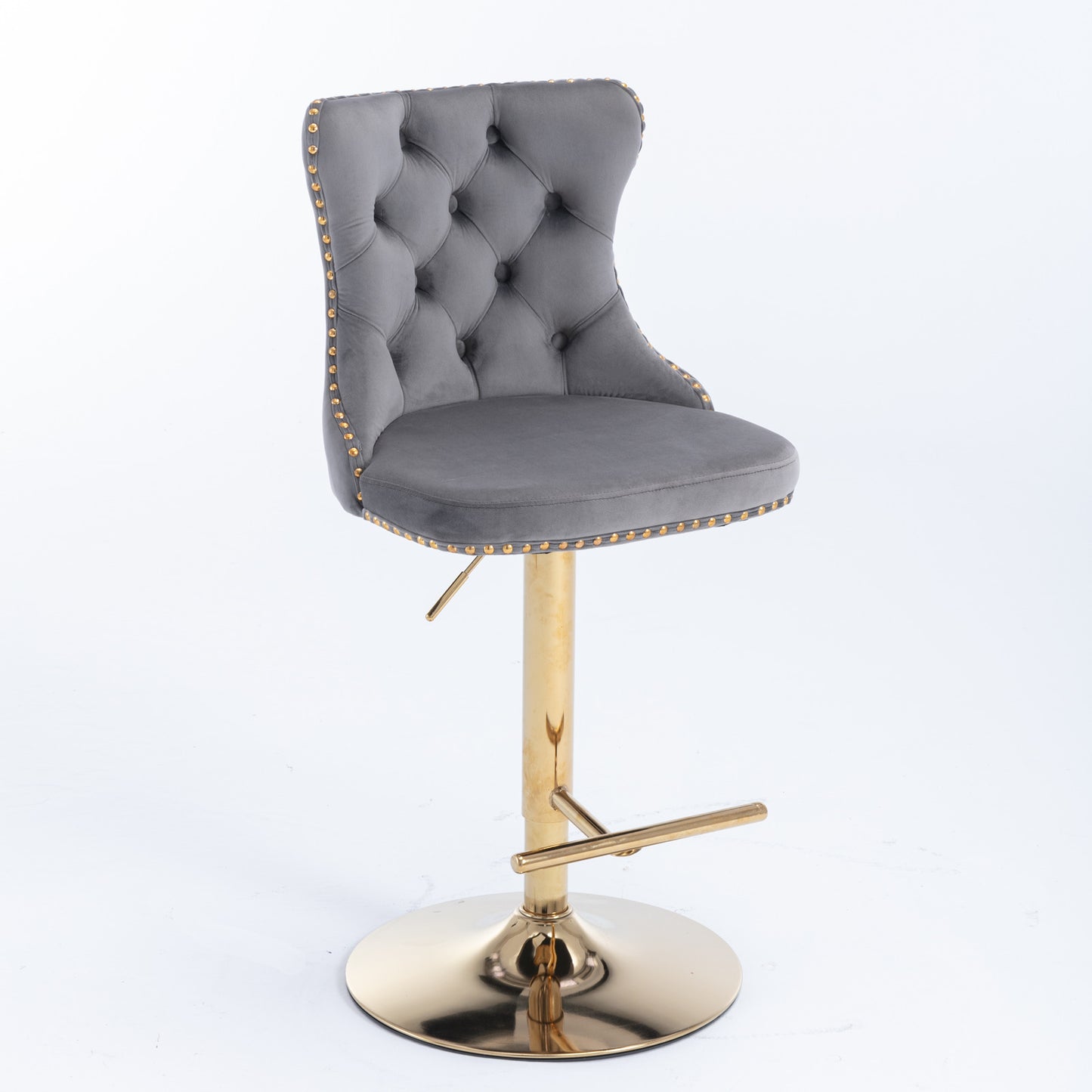 Set of 2 Modern Upholstered Tufted Velvet Armless Bar Stools with Gold Details- Grey_8