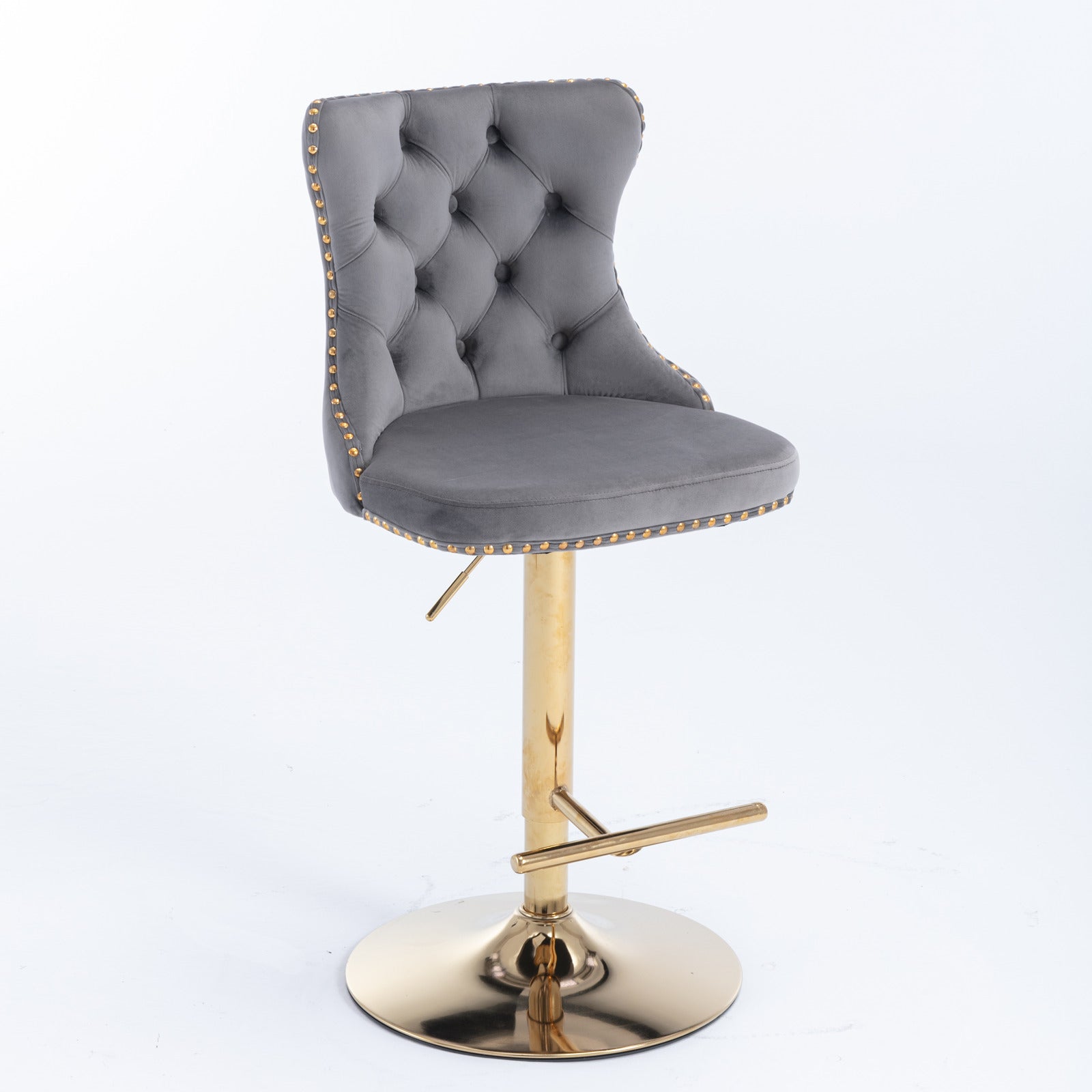Set of 2 Modern Upholstered Tufted Velvet Armless Bar Stools with Gold Details- Grey_8