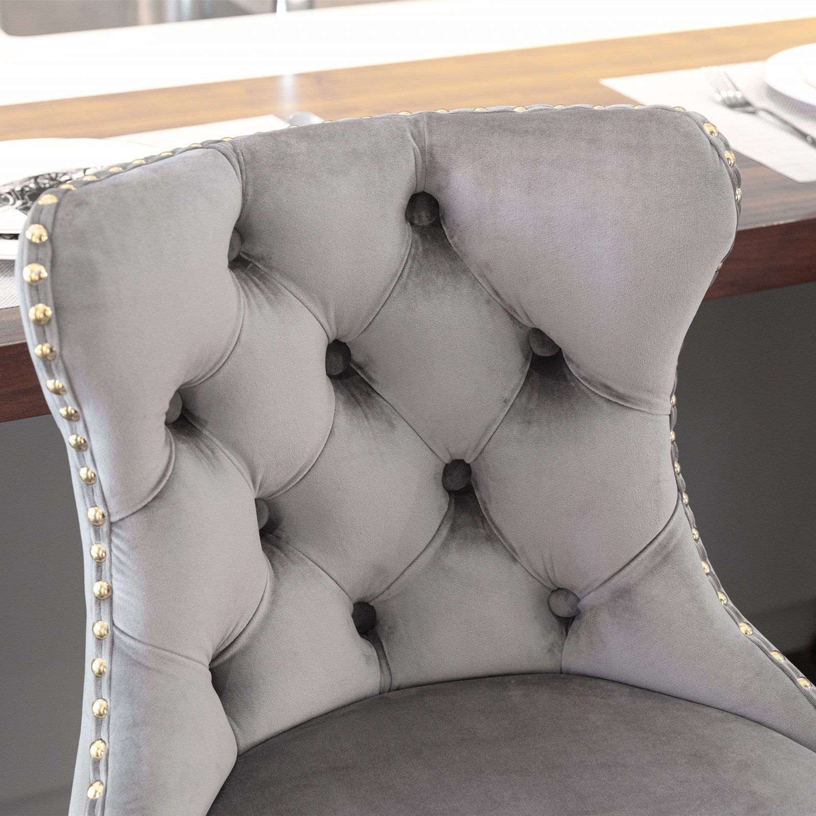 Set of 2 Modern Upholstered Tufted Velvet Armless Bar Stools with Gold Details- Grey_12