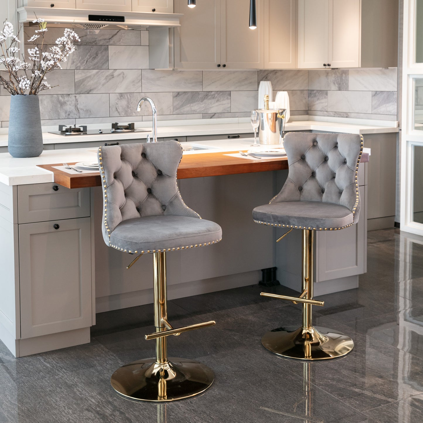 Set of 2 Modern Upholstered Tufted Velvet Armless Bar Stools with Gold Details- Grey_3