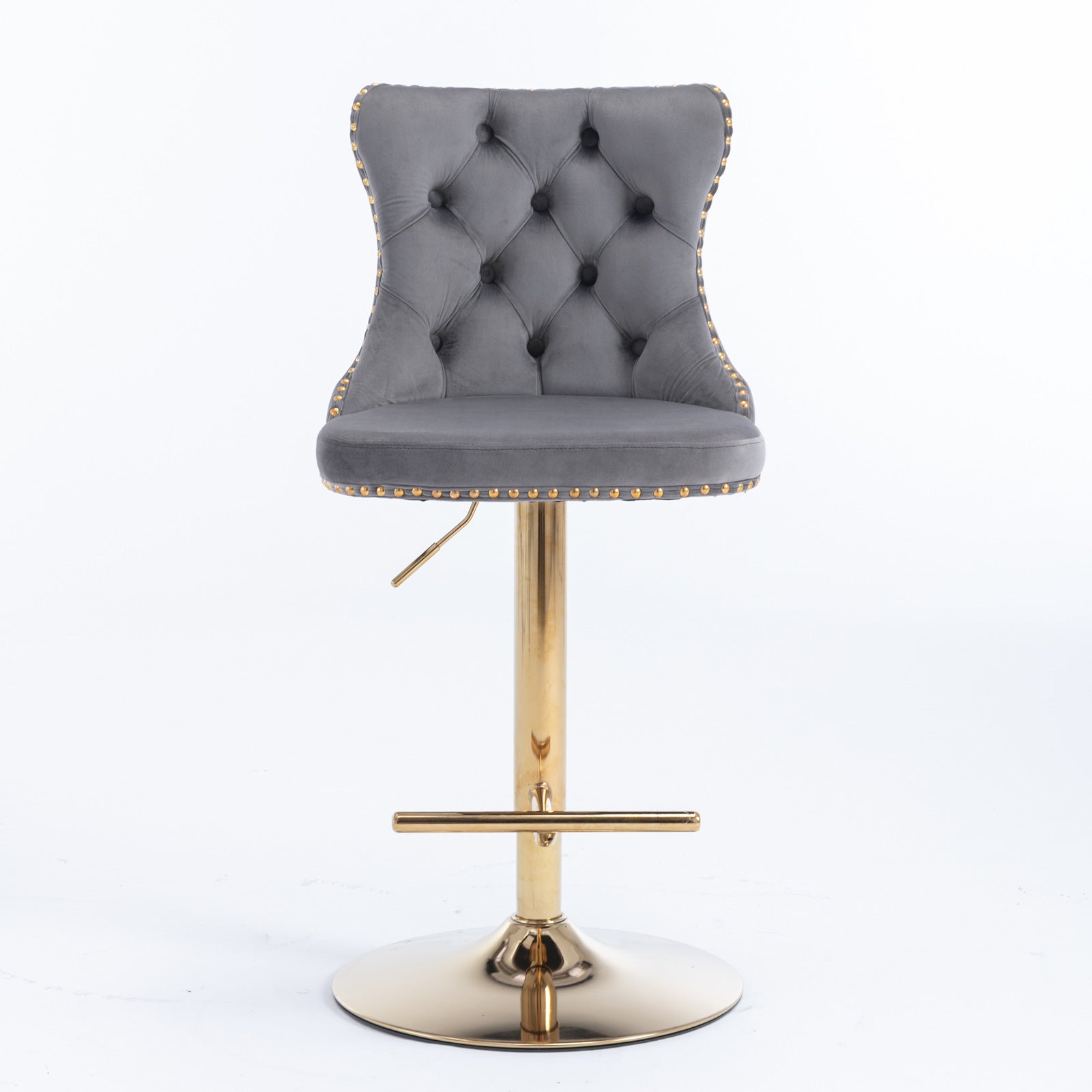 Set of 2 Modern Upholstered Tufted Velvet Armless Bar Stools with Gold Details- Grey_6