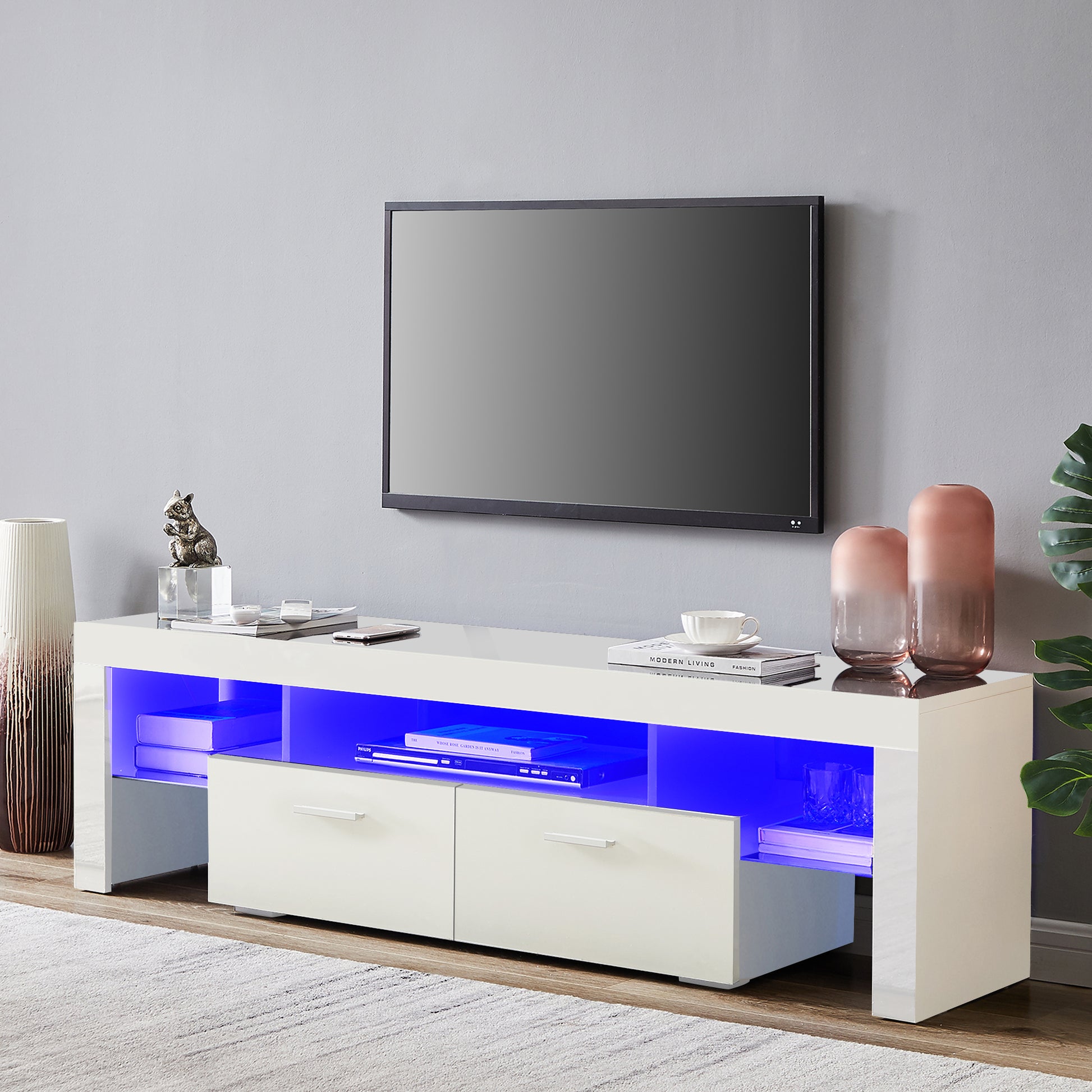 Easy Assembly High Glossy Front TV Stand with Storage Drawers and LED Light - White_2