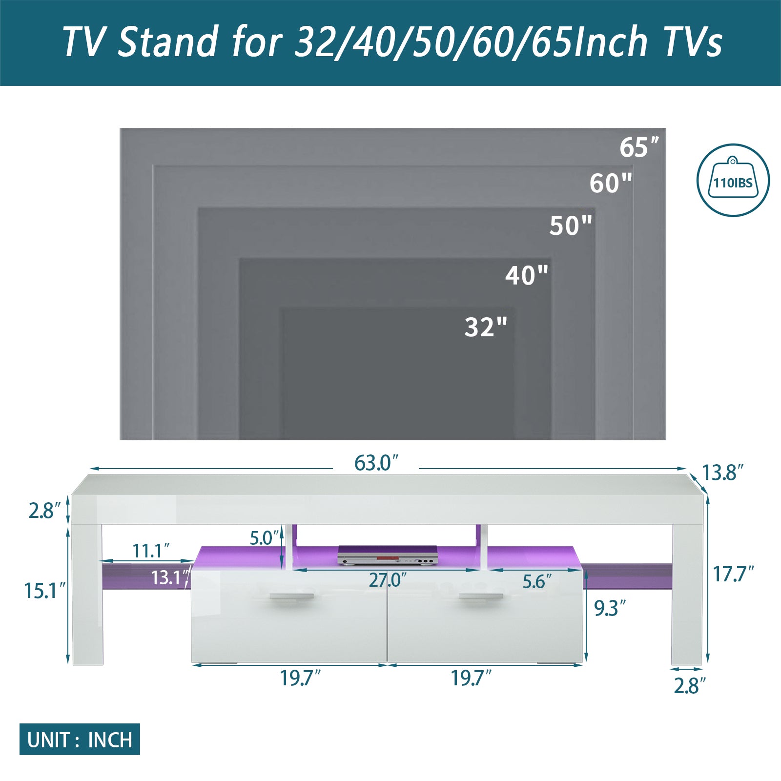Easy Assembly High Glossy Front TV Stand with Storage Drawers and LED Light - White_5