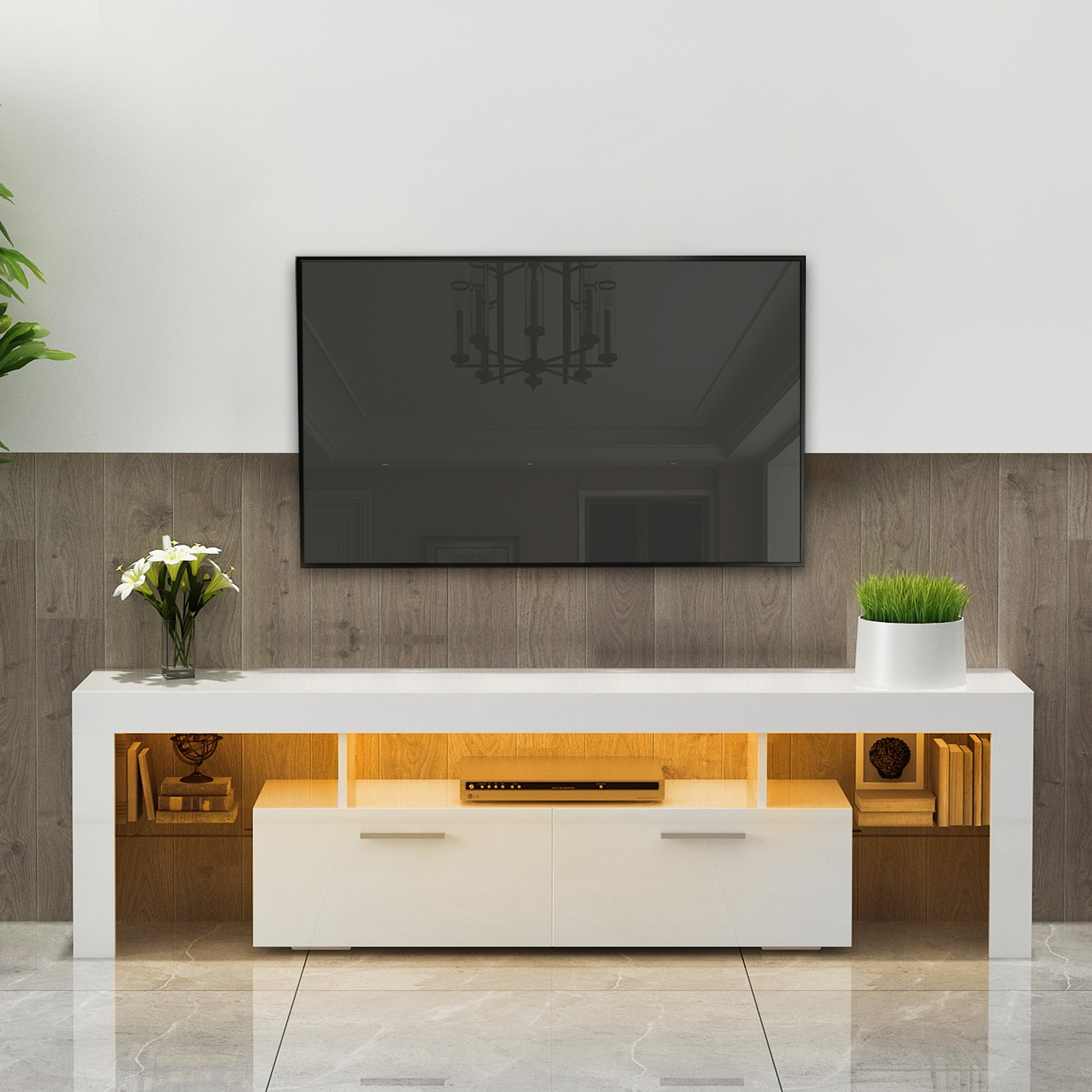 Easy Assembly High Glossy Front TV Stand with Storage Drawers and LED Light - White_3