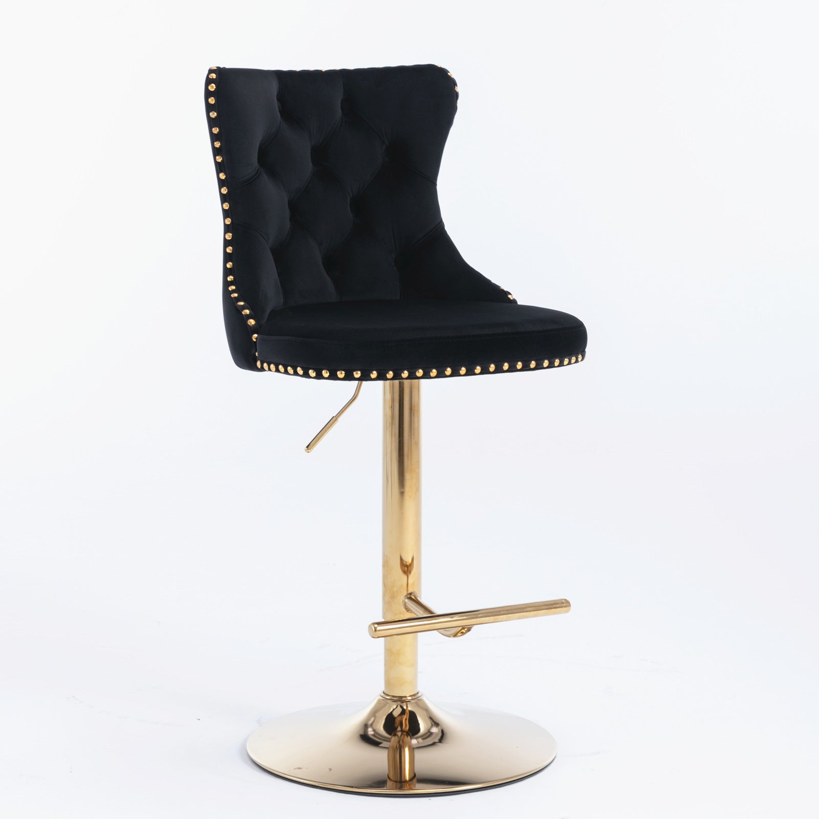 Set of 2 Modern Upholstered Tufted Velvet Armless Bar Stools with Gold Details- Black_7