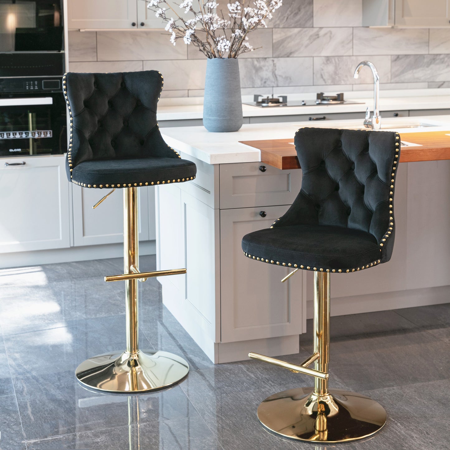 Set of 2 Modern Upholstered Tufted Velvet Armless Bar Stools with Gold Details- Black_4