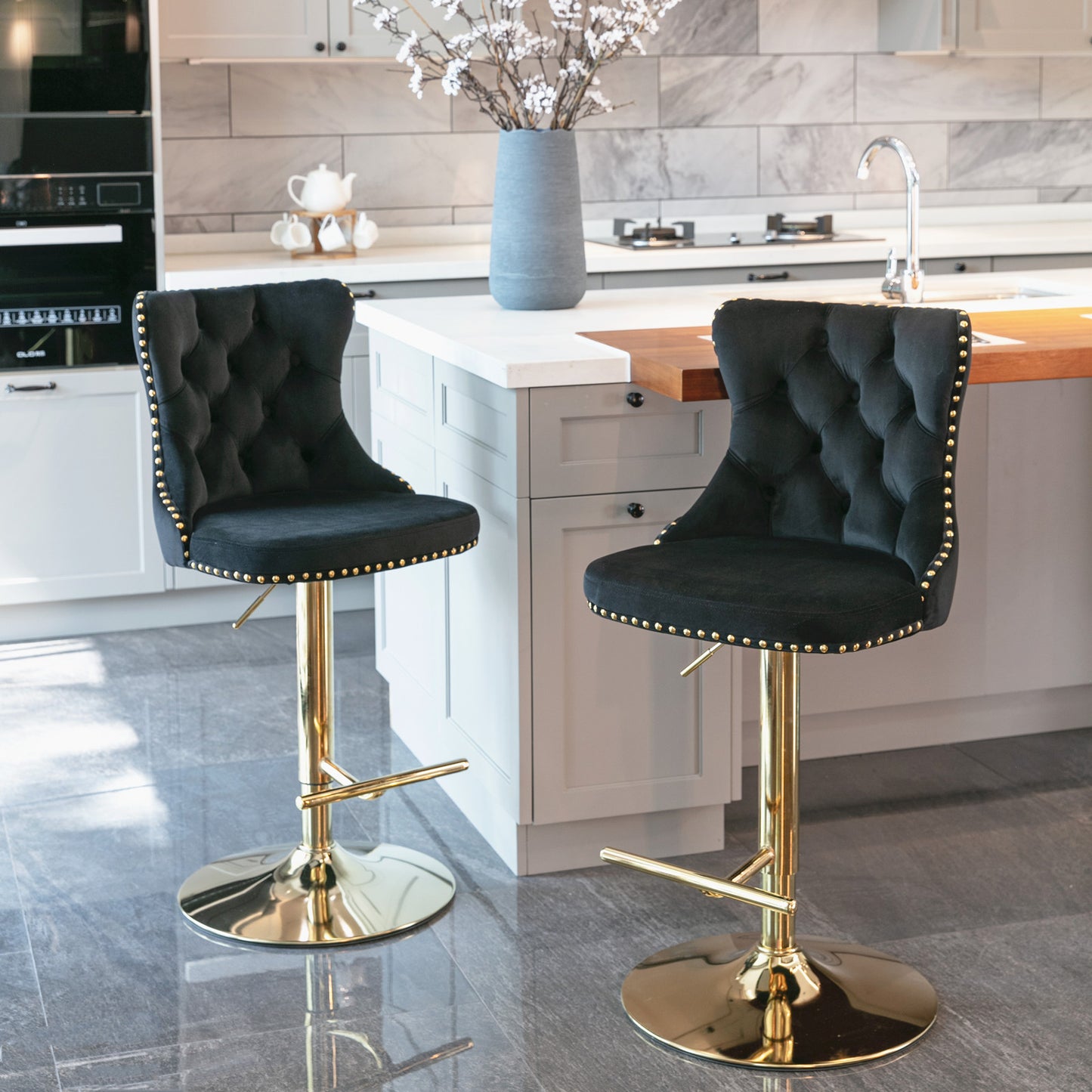 Set of 2 Modern Upholstered Tufted Velvet Armless Bar Stools with Gold Details- Black_1