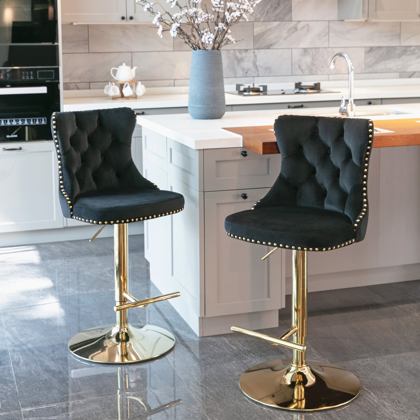 Set of 2 Modern Upholstered Tufted Velvet Armless Bar Stools with Gold Details- Black_1