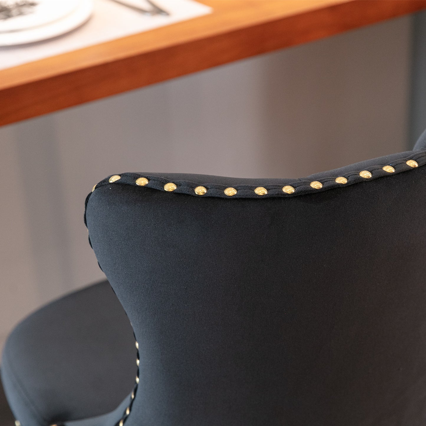 Set of 2 Modern Upholstered Tufted Velvet Armless Bar Stools with Gold Details- Black_12