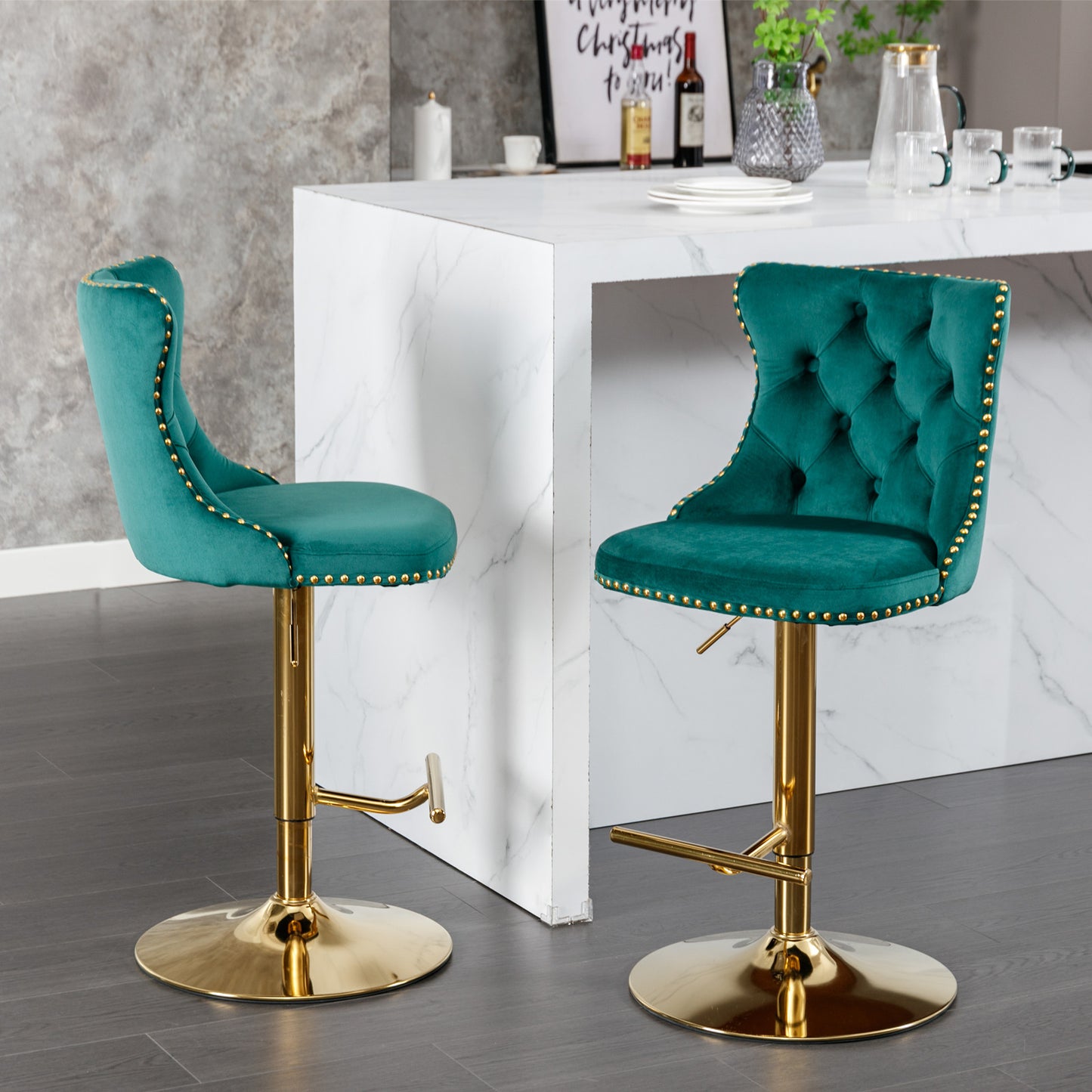 Set of 2 Modern Upholstered Tufted Velvet Armless Bar Stools with Gold Details- Green_3