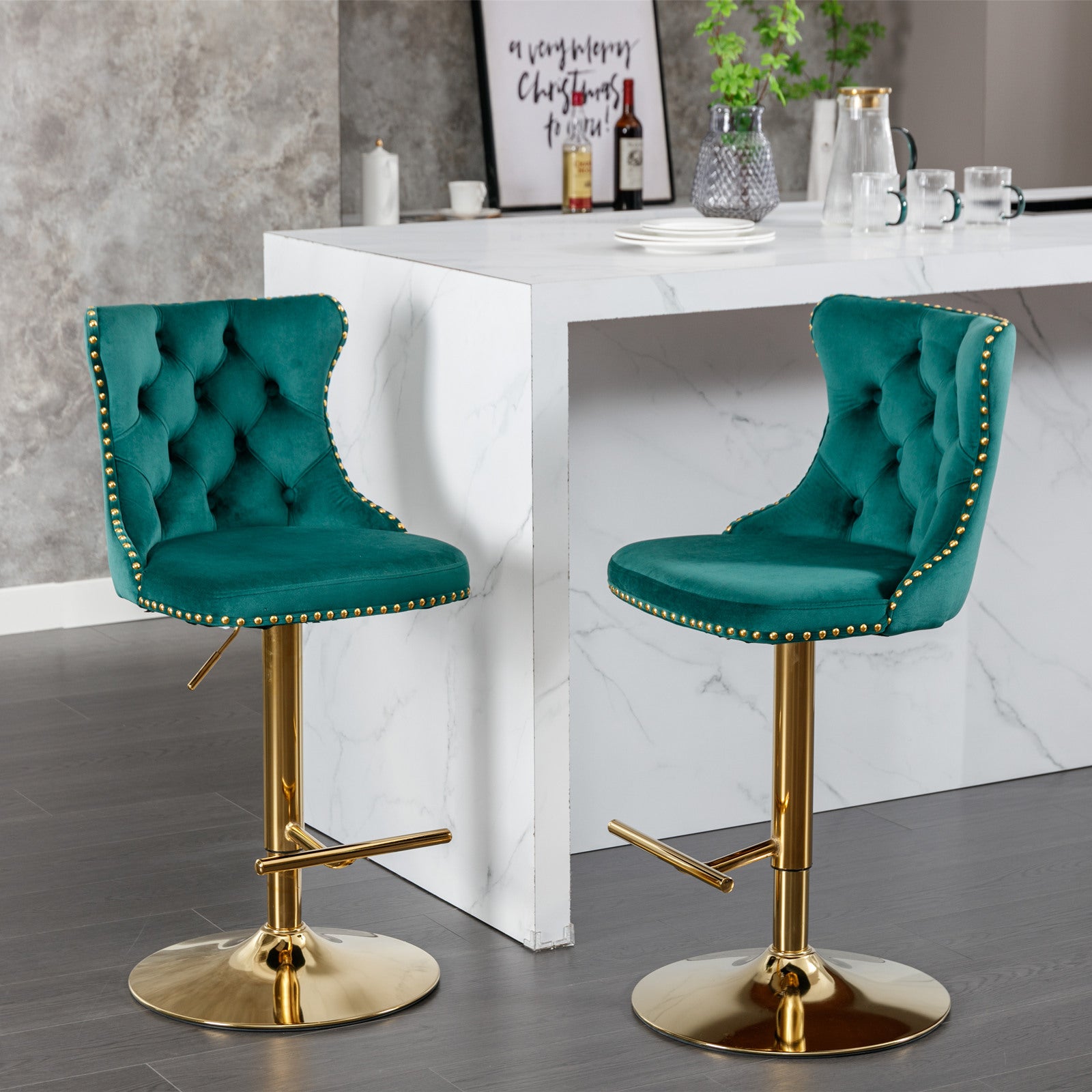 Set of 2 Modern Upholstered Tufted Velvet Armless Bar Stools with Gold Details- Green_2
