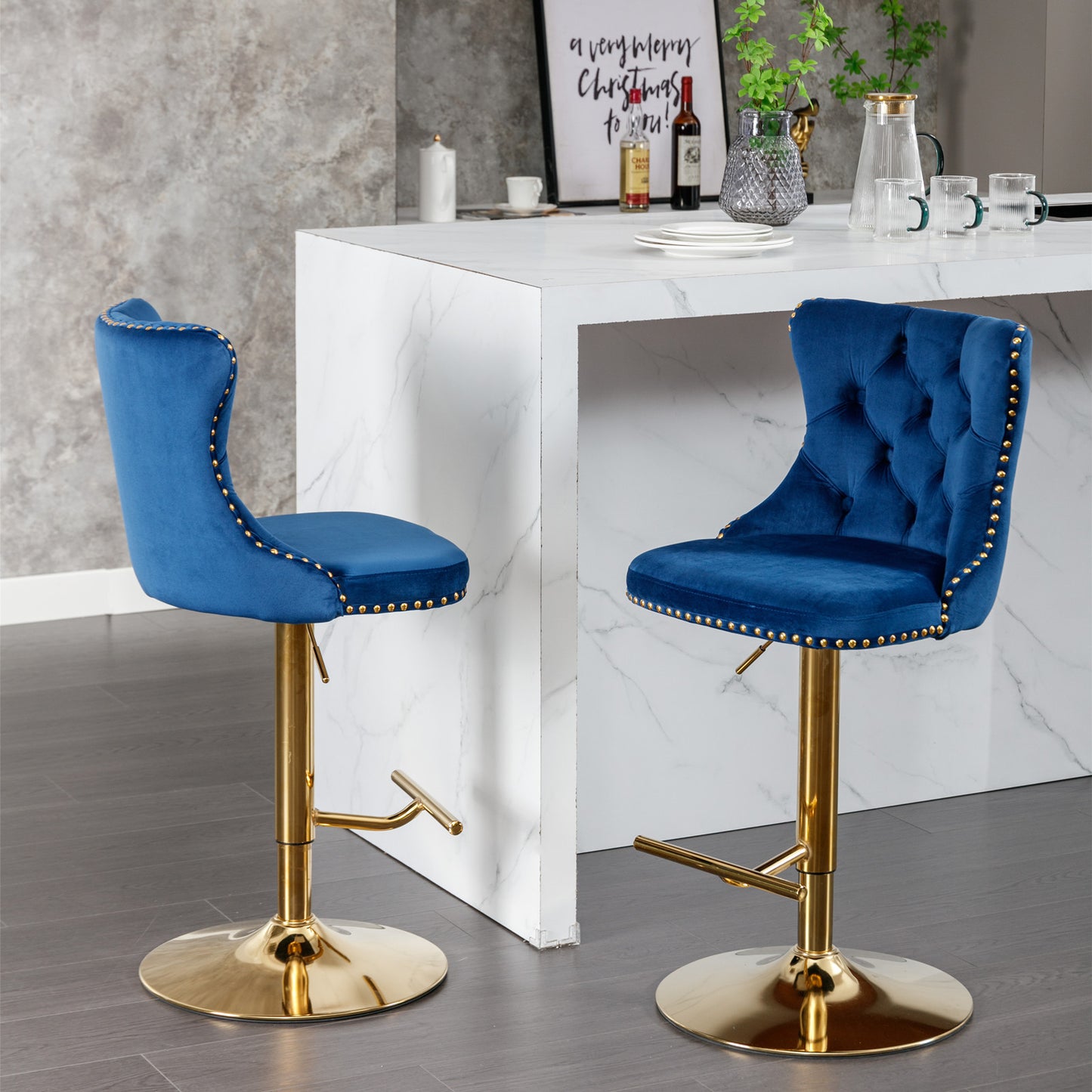 Set of 2 Modern Upholstered Tufted Velvet Armless Bar Stools with Gold Details- Blue_3