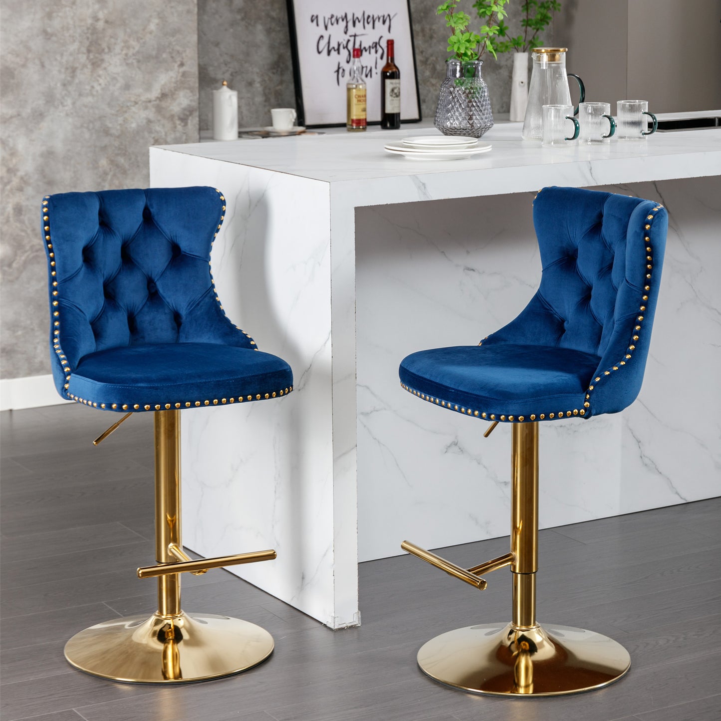 Set of 2 Modern Upholstered Tufted Velvet Armless Bar Stools with Gold Details- Blue_2