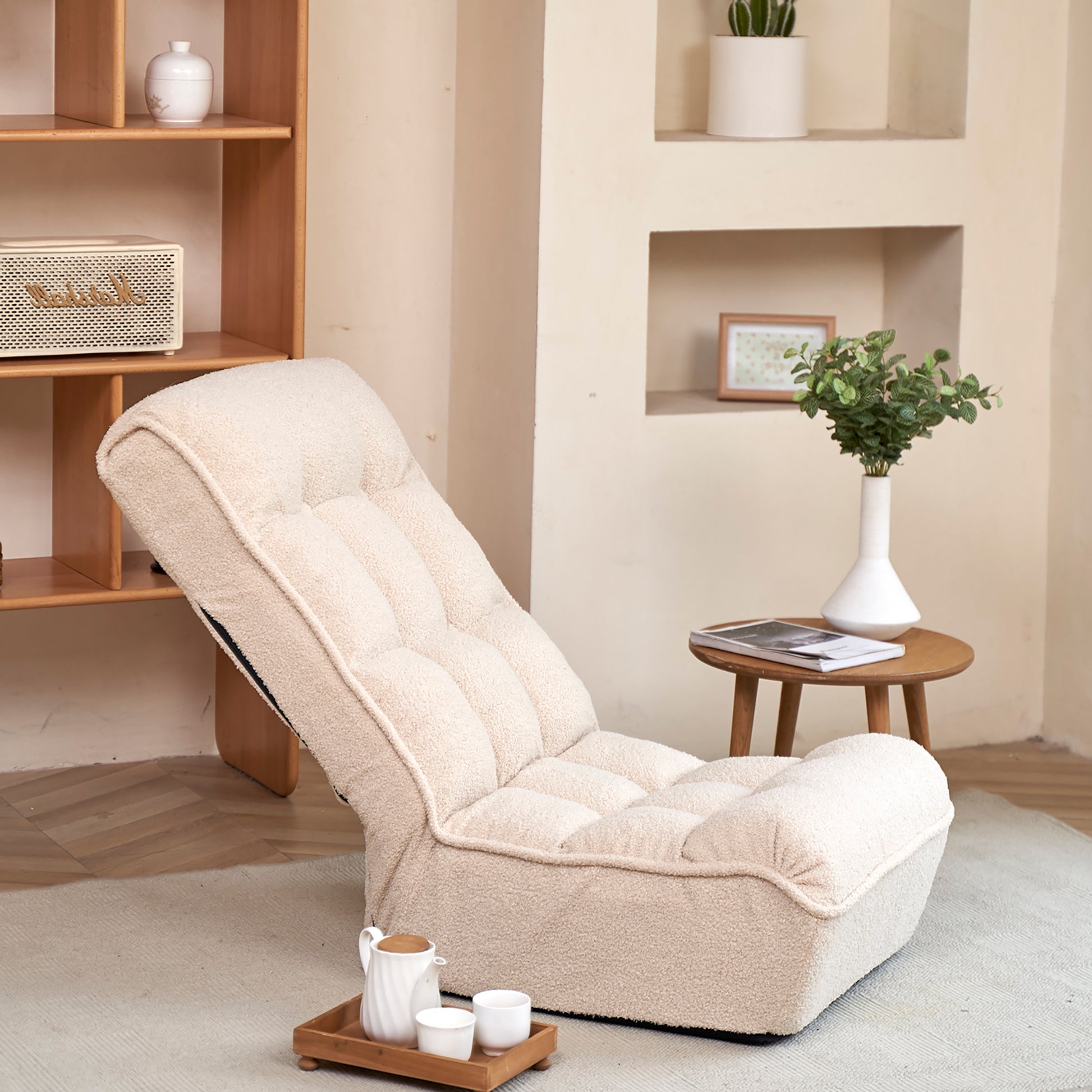 Single Seater Japanese Style Thick Cushioned Lazy Tatami Recliner Sofa- White_5