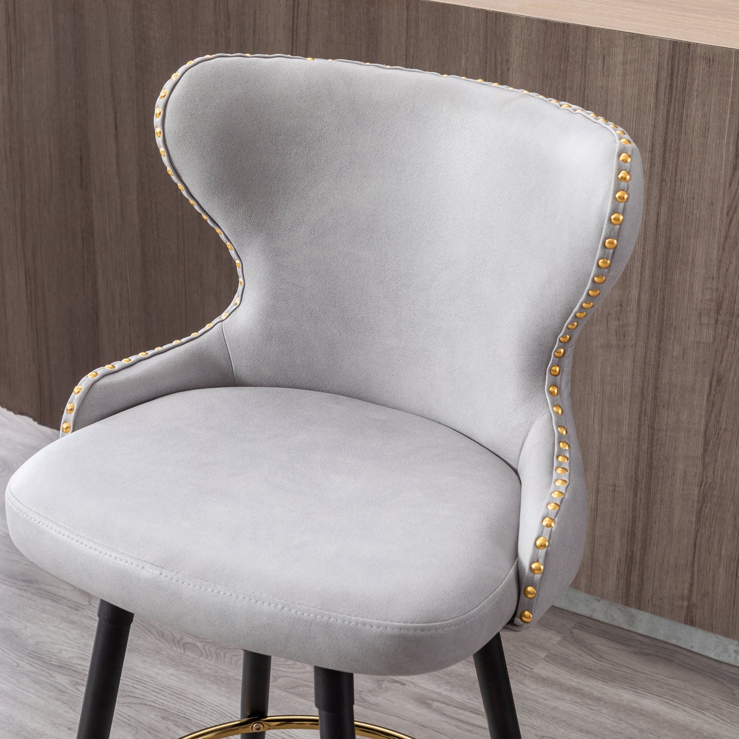 2pcs Gold Accent Bar Stools Tufted Fabric Upholstery with Nailhead Lining and Metal Legs- Light Gray_10