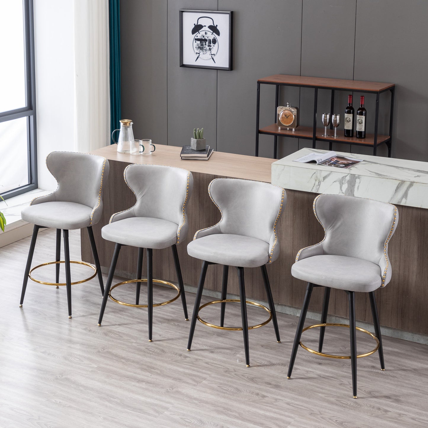 2pcs Gold Accent Bar Stools Tufted Fabric Upholstery with Nailhead Lining and Metal Legs- Light Gray_17