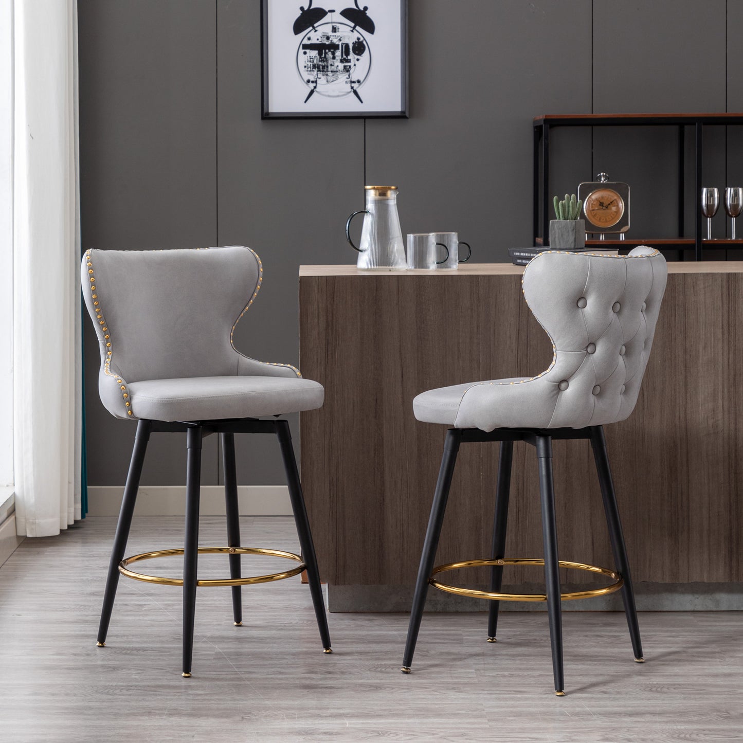 2pcs Gold Accent Bar Stools Tufted Fabric Upholstery with Nailhead Lining and Metal Legs- Light Gray_1