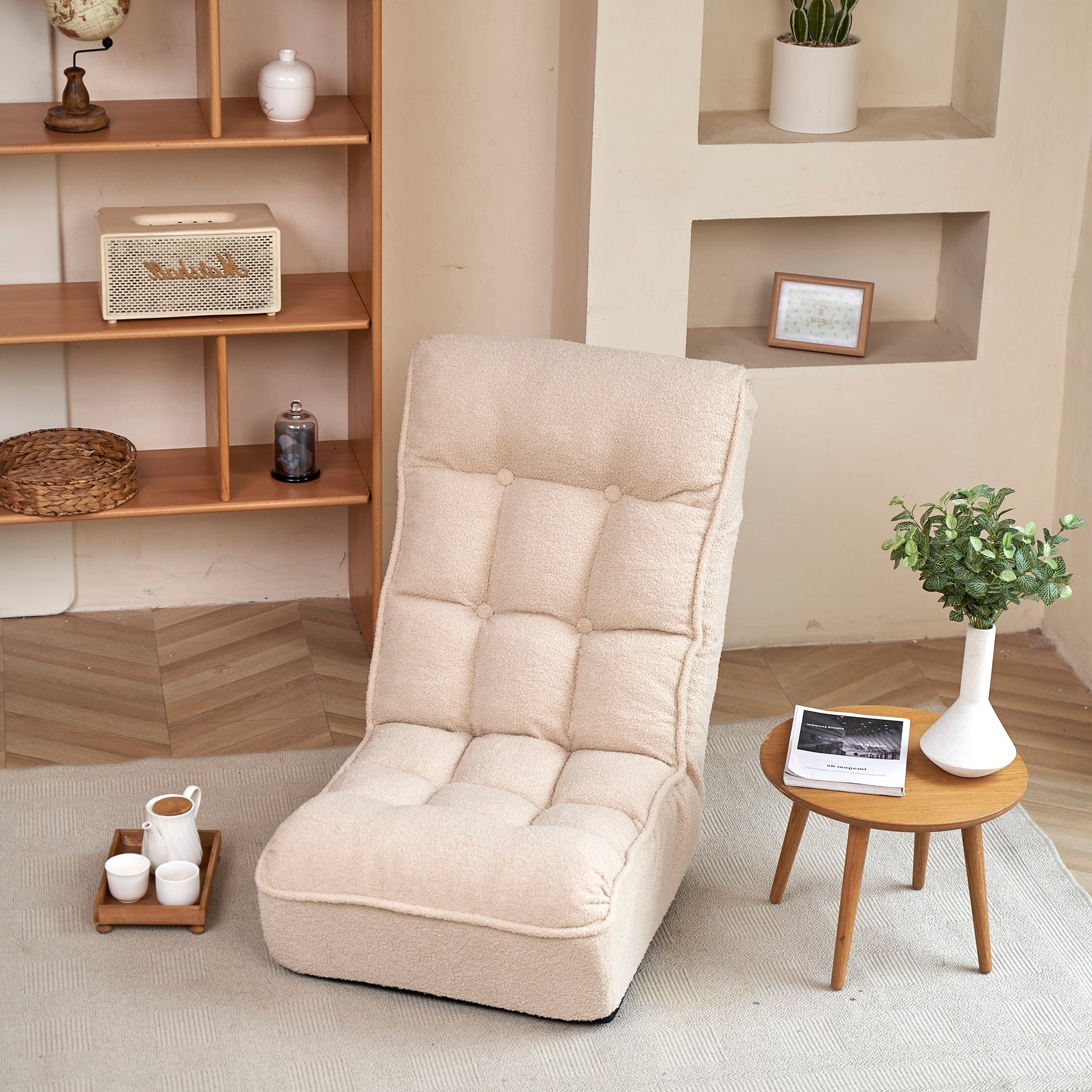 Single Seater Japanese Style Thick Cushioned Lazy Tatami Recliner Sofa- White_3