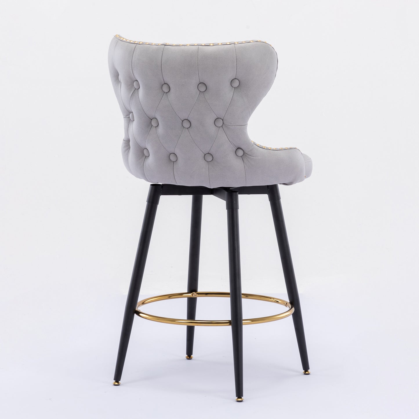 2pcs Gold Accent Bar Stools Tufted Fabric Upholstery with Nailhead Lining and Metal Legs- Light Gray_5