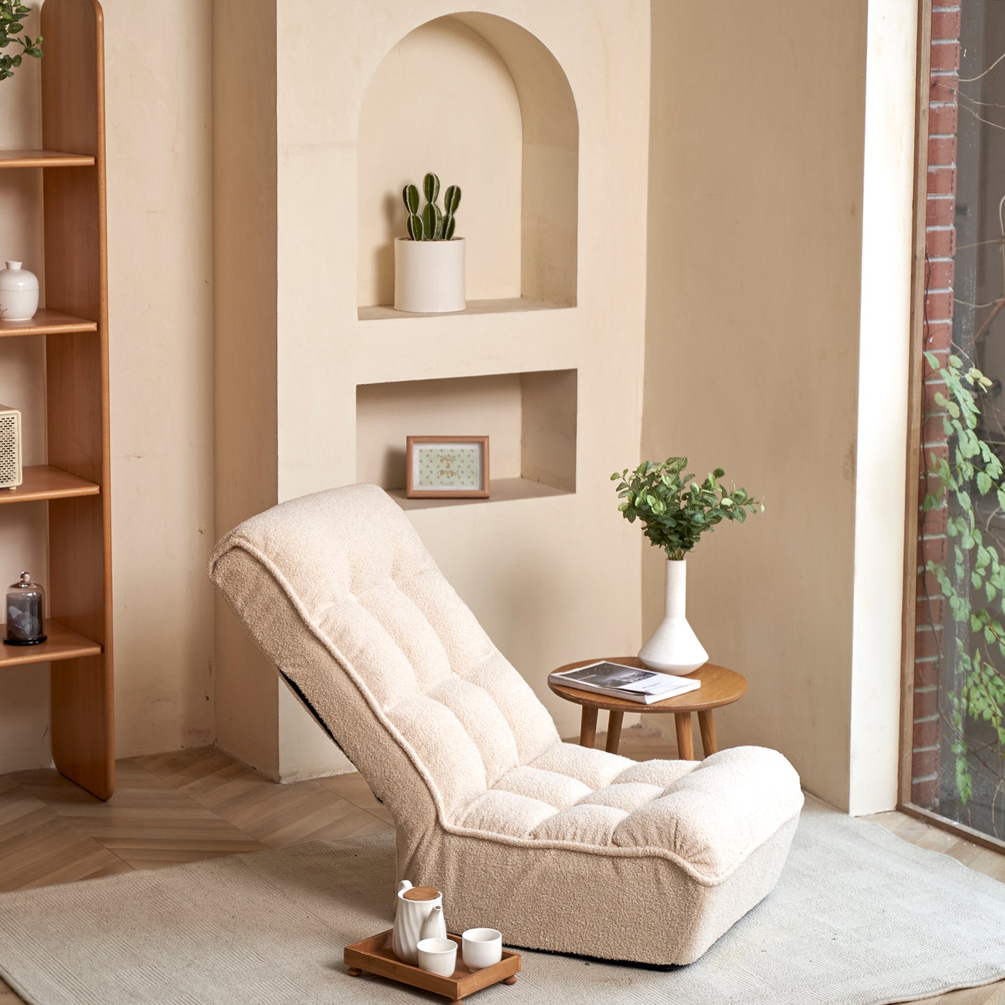 Single Seater Japanese Style Thick Cushioned Lazy Tatami Recliner Sofa- White_2